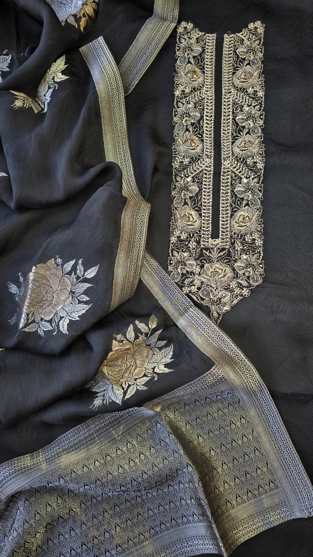 Night Black Jaquard silk 3pcs suit set