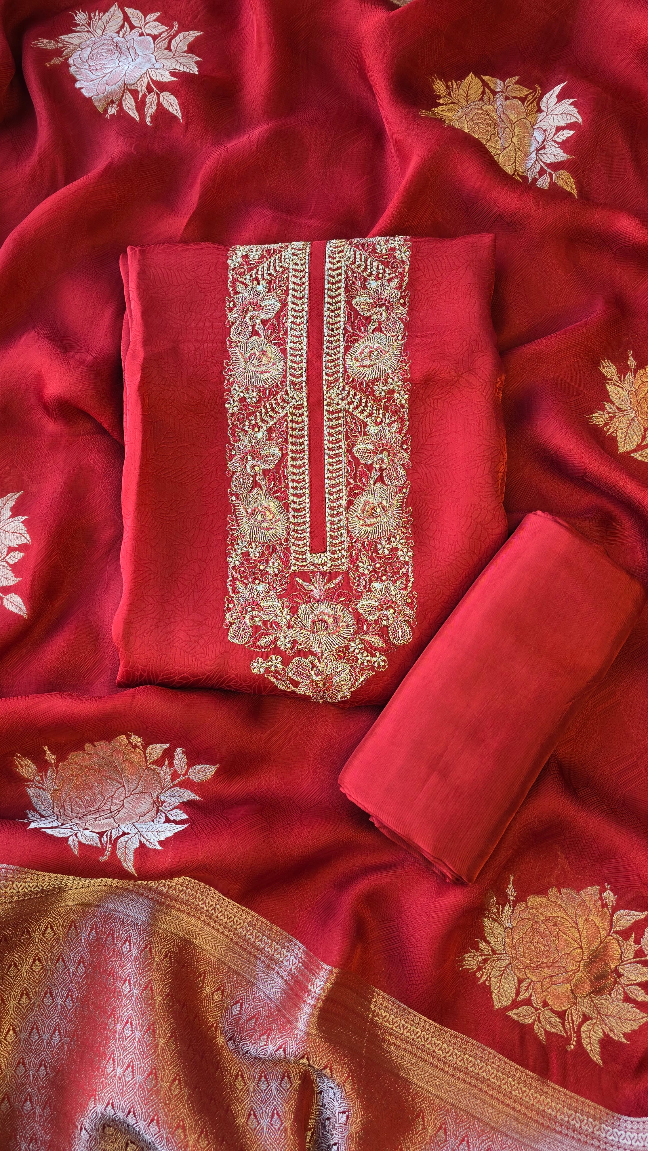 Rust Red Jaquard silk 3pc suit set