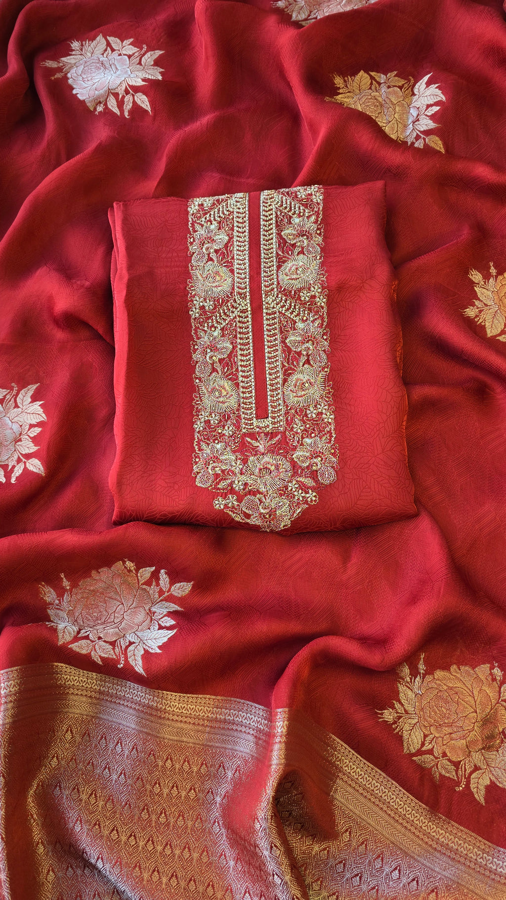 Rust Red Jaquard silk 3pc suit set