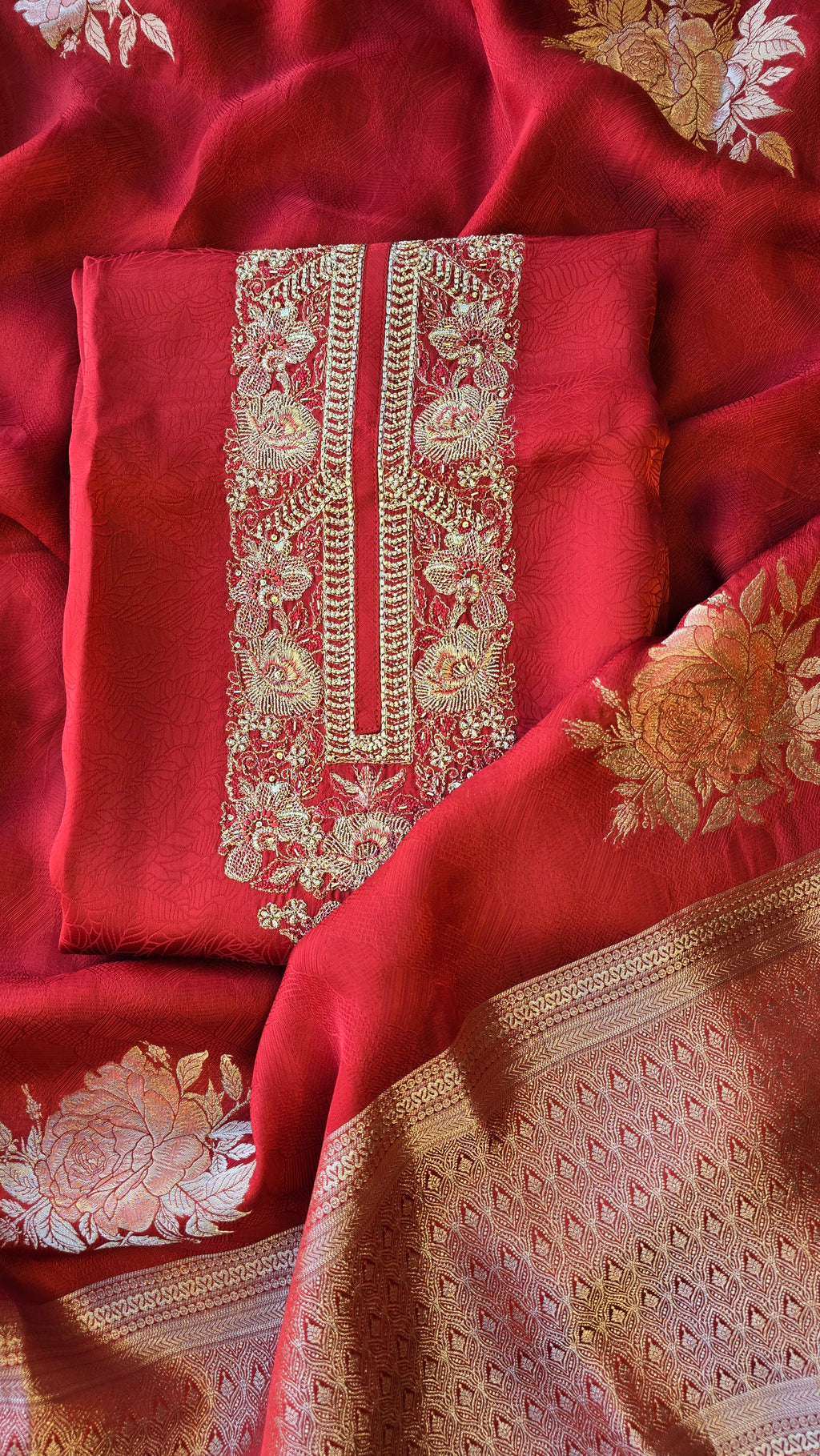 Rust Red Jaquard silk 3pc suit set