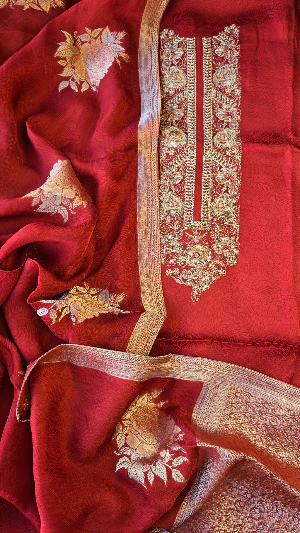 Rust Red Jaquard silk 3pc suit set