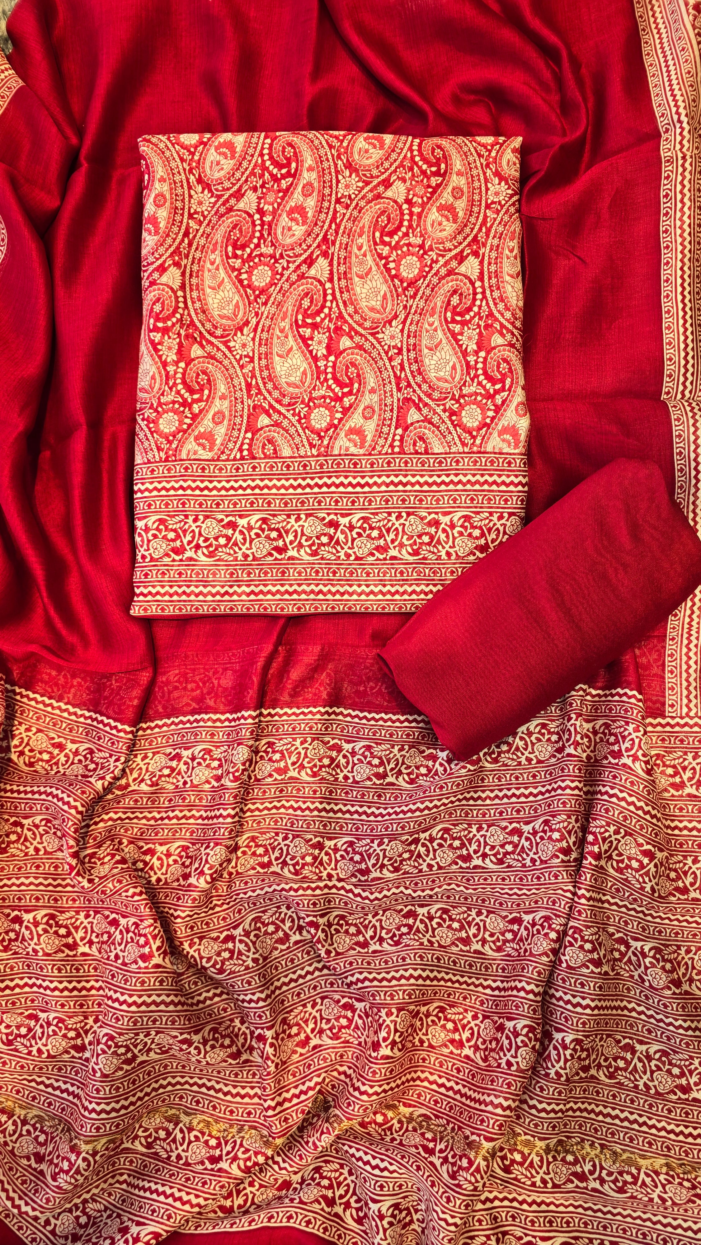 Maroon Maheswari Silk Paisly Print Suit Set
