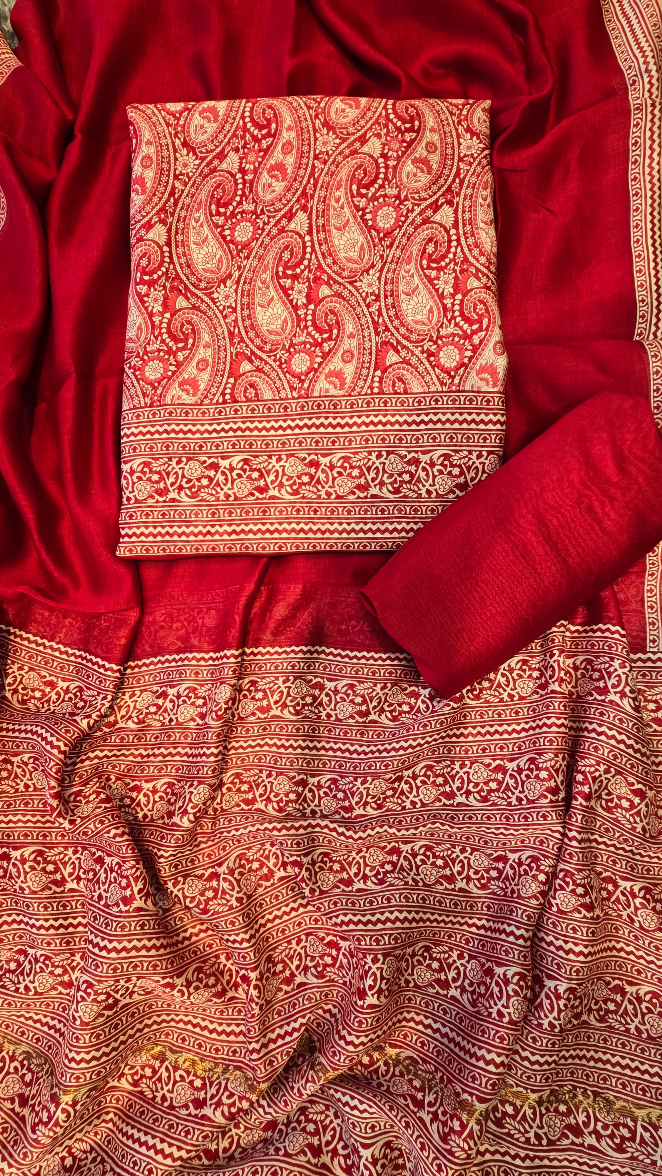 Maroon Maheswari Silk Paisly Print Suit Set