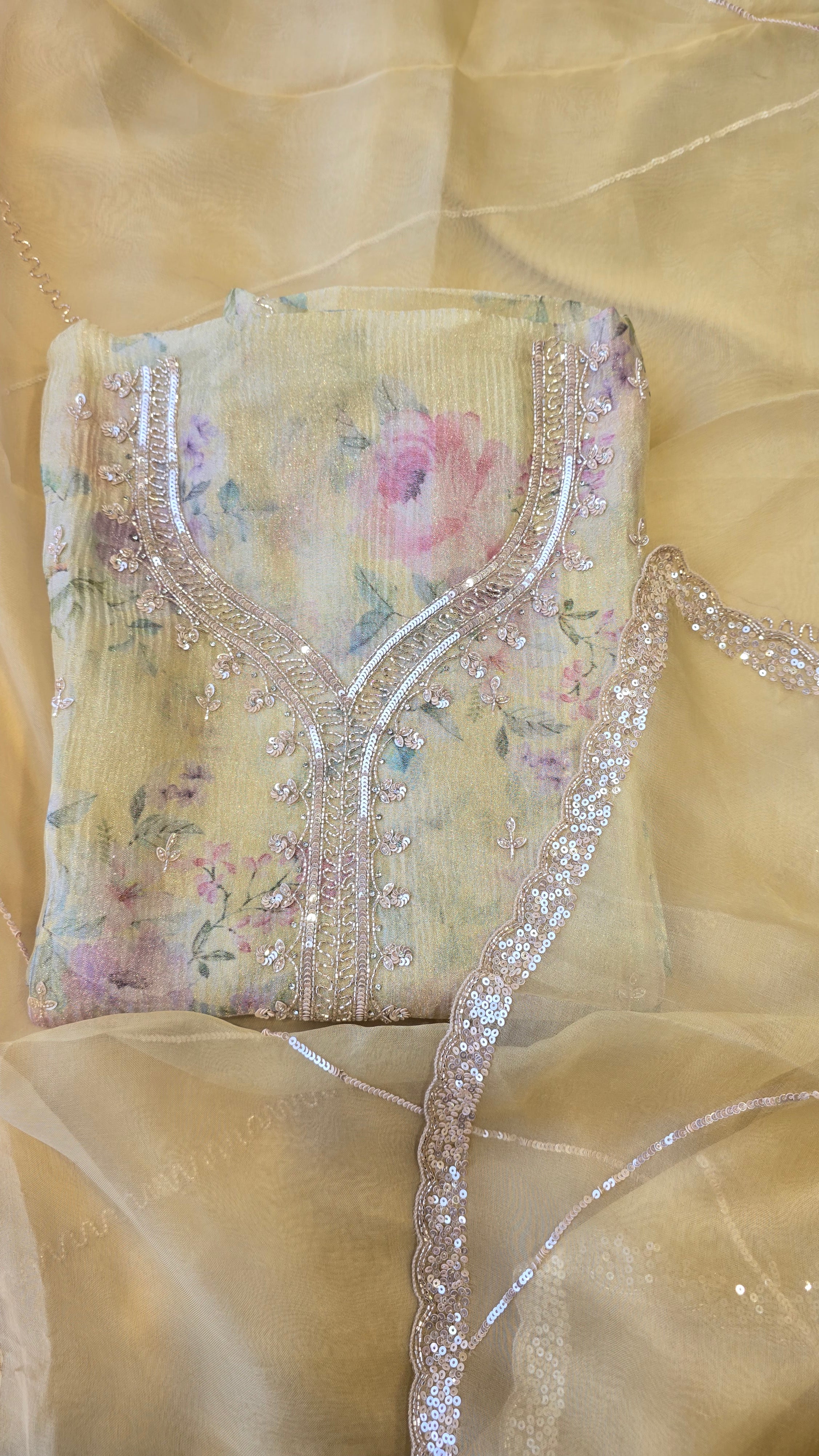 Lemon Yellow Crushed Tissue 3pc Suit Set