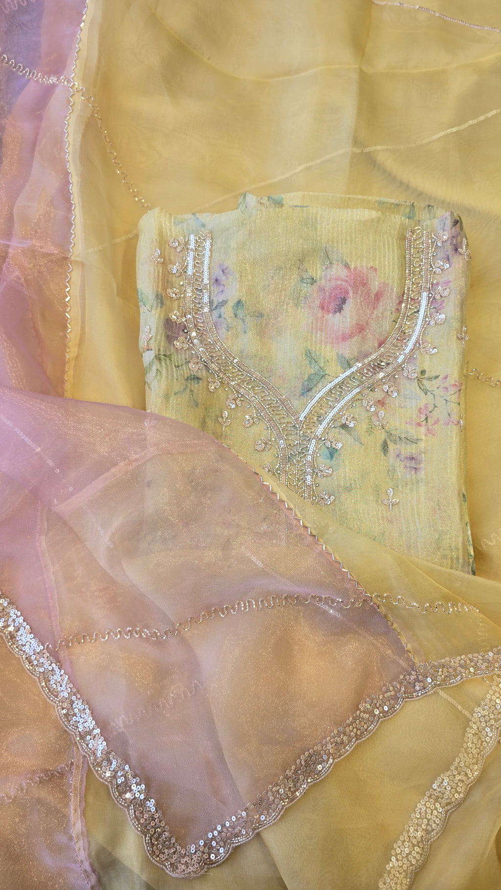 Lemon Yellow Crushed Tissue 3pc Suit Set