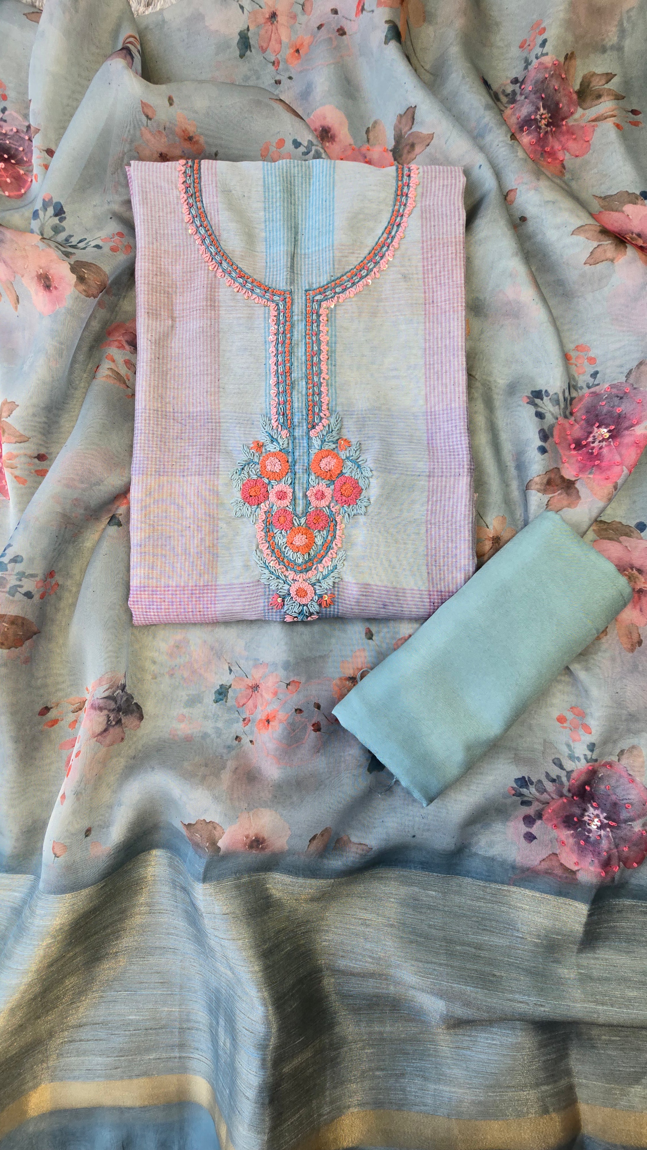 Blue Chanderi Checks 3pc Suit Set