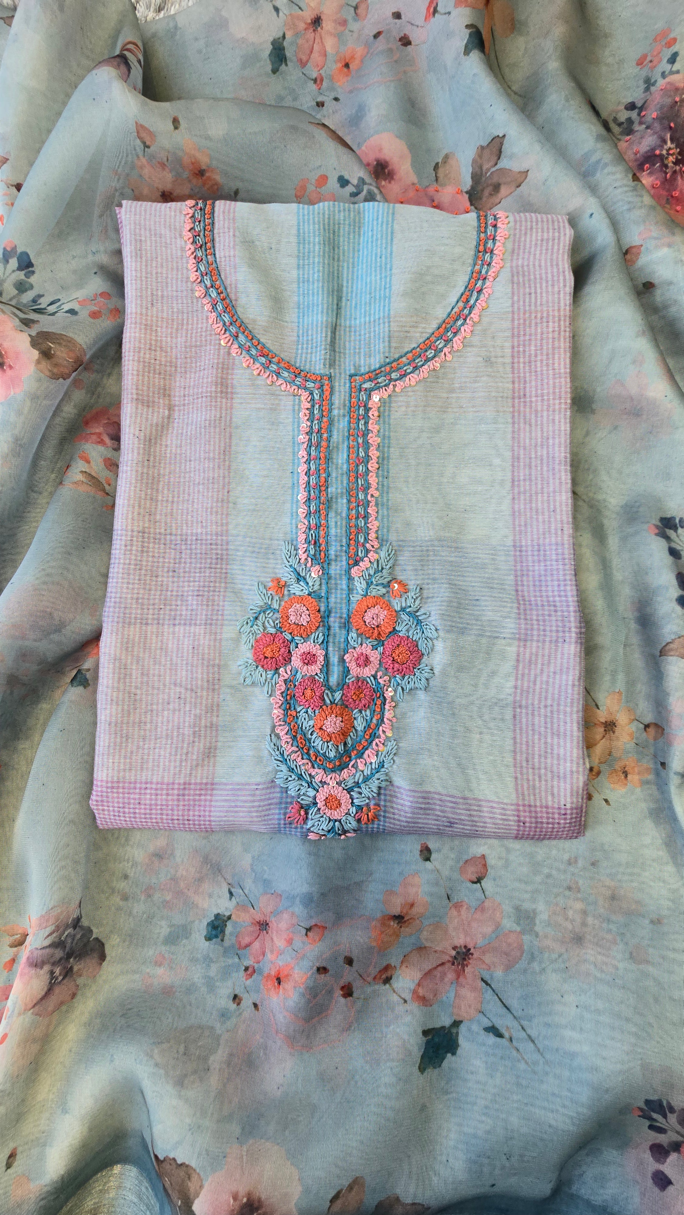 Blue Chanderi Checks 3pc Suit Set