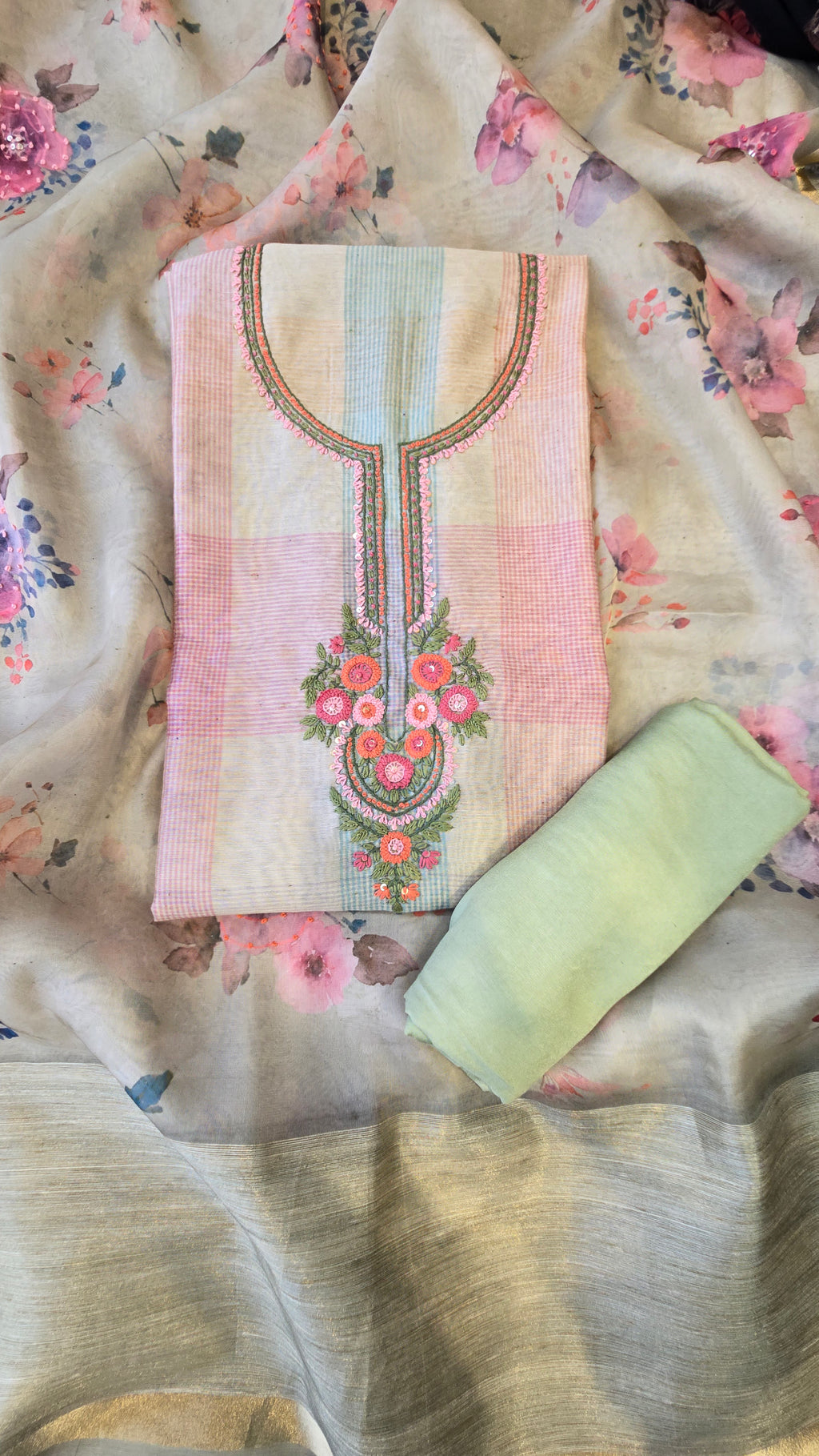 Green Chanderi Checks 3pc Suit Set