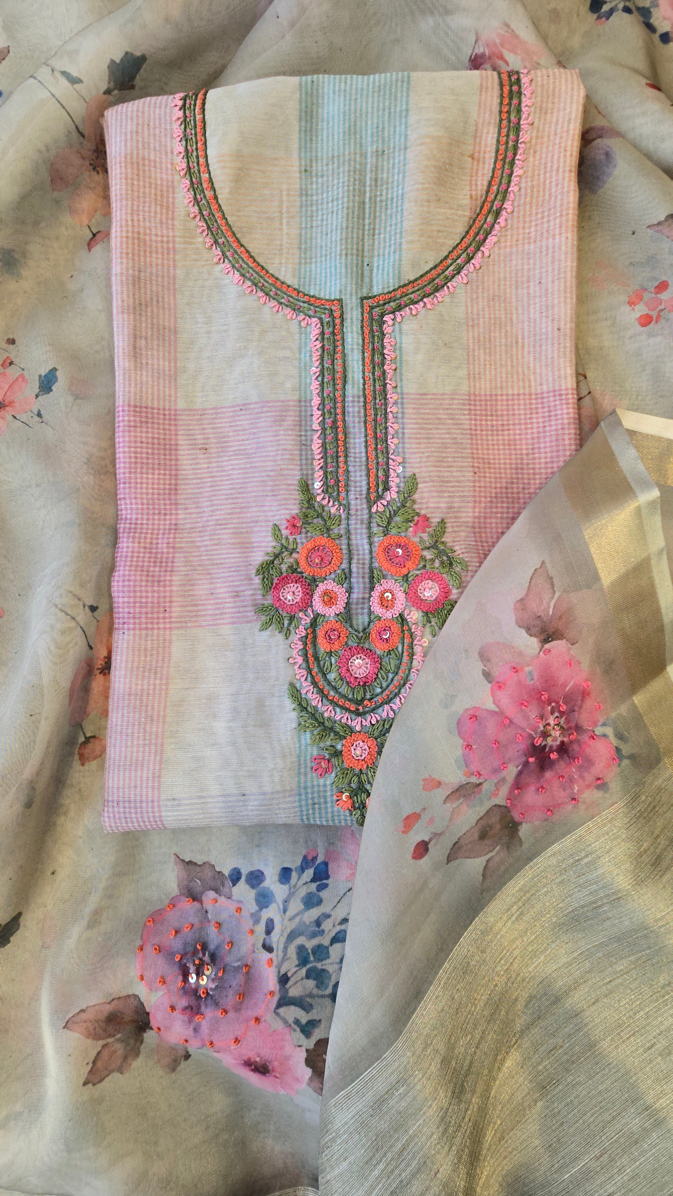 Green Chanderi Checks 3pc Suit Set