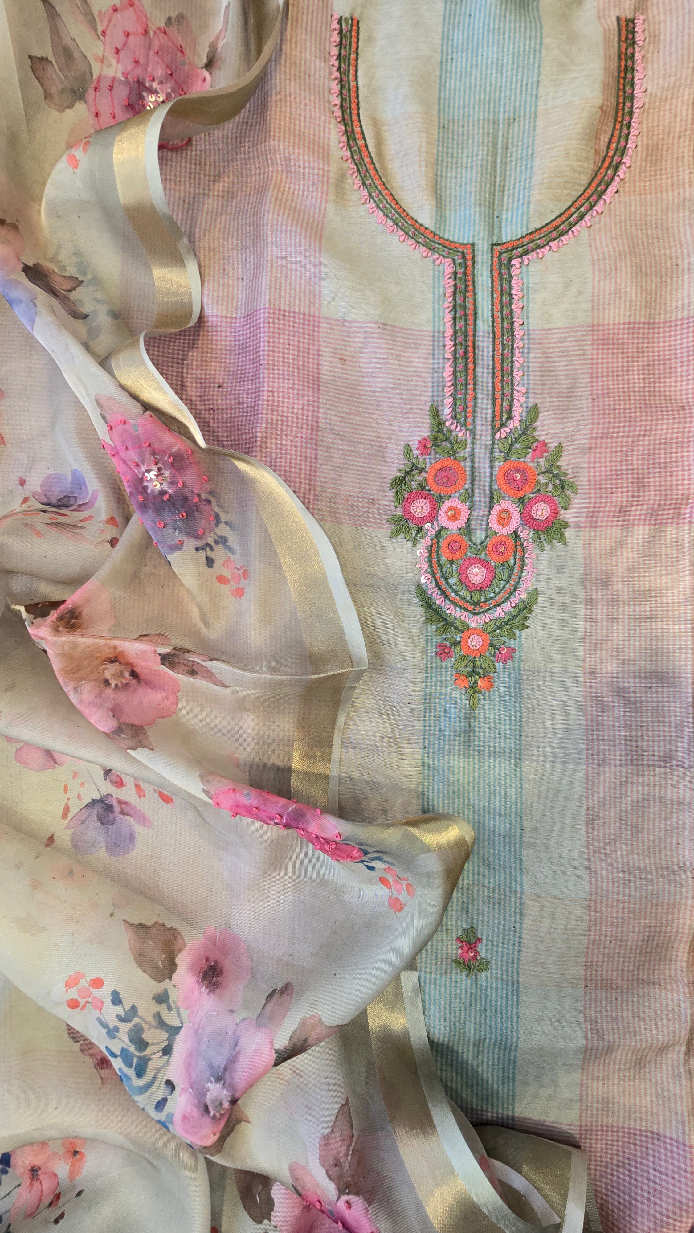 Green Chanderi Checks 3pc Suit Set