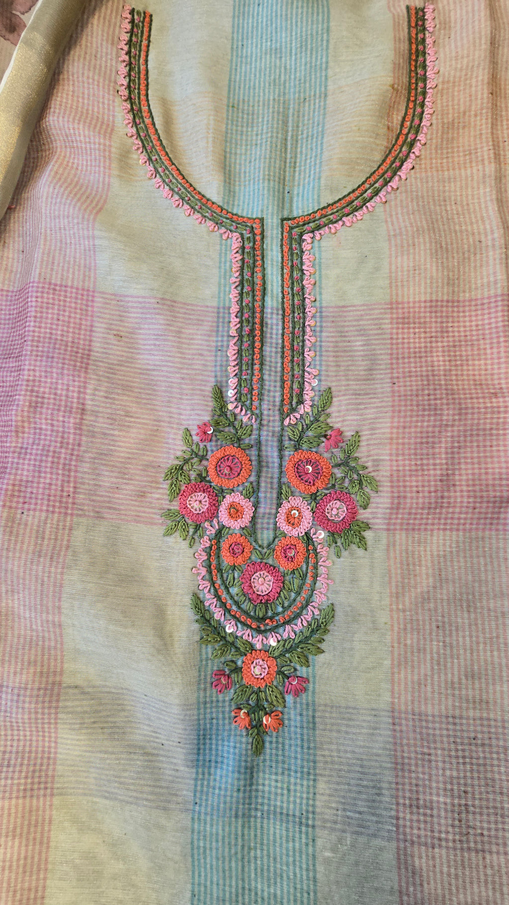 Green Chanderi Checks 3pc Suit Set