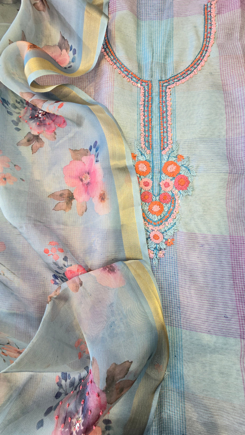 Blue Chanderi Checks 3pc Suit Set