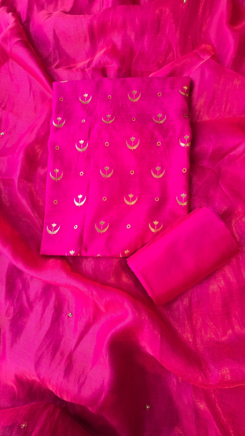 Fuschia pink pure chiniya silk 3pcs suit set