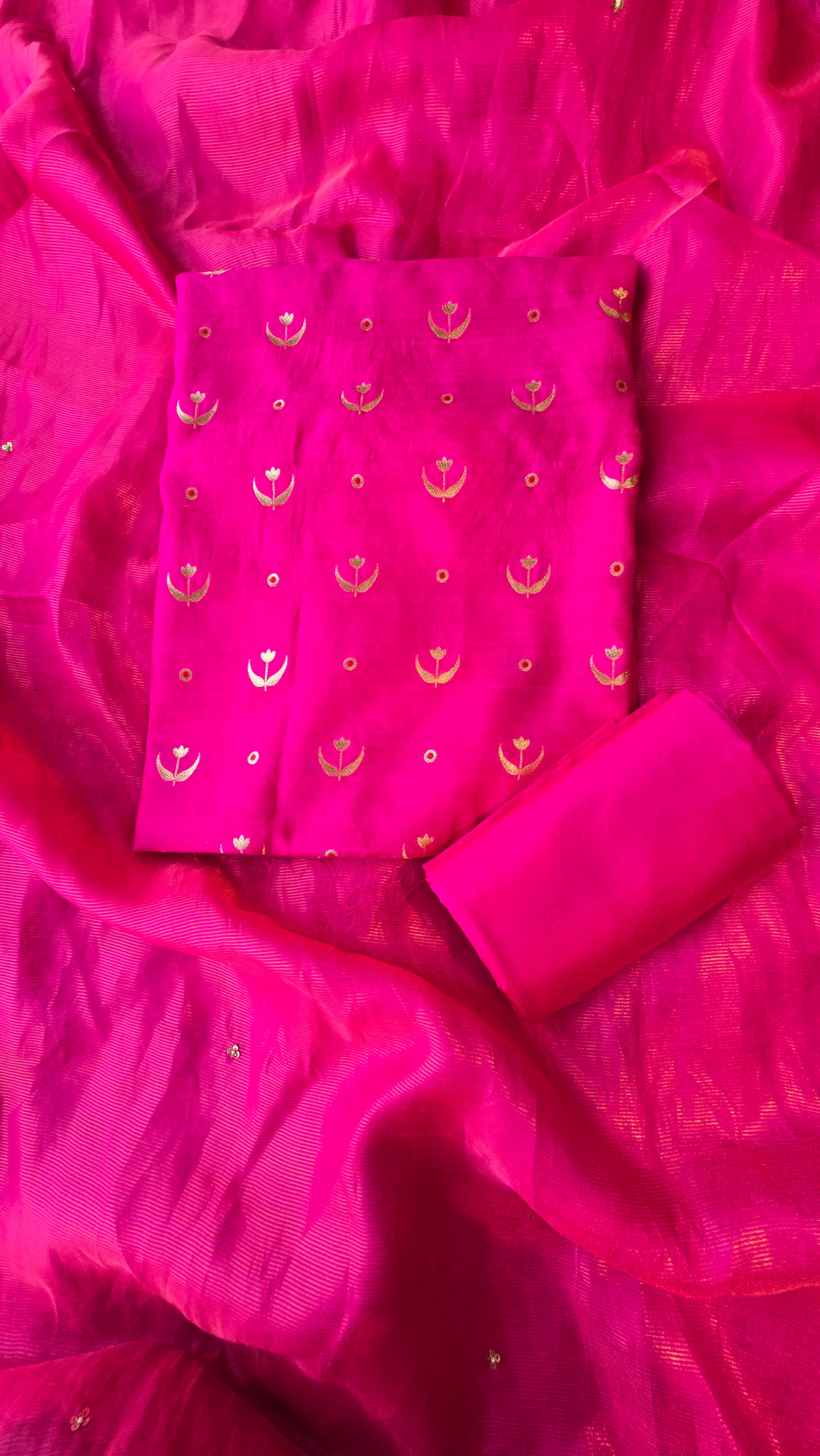 Fuschia pink pure chiniya silk 3pcs suit set