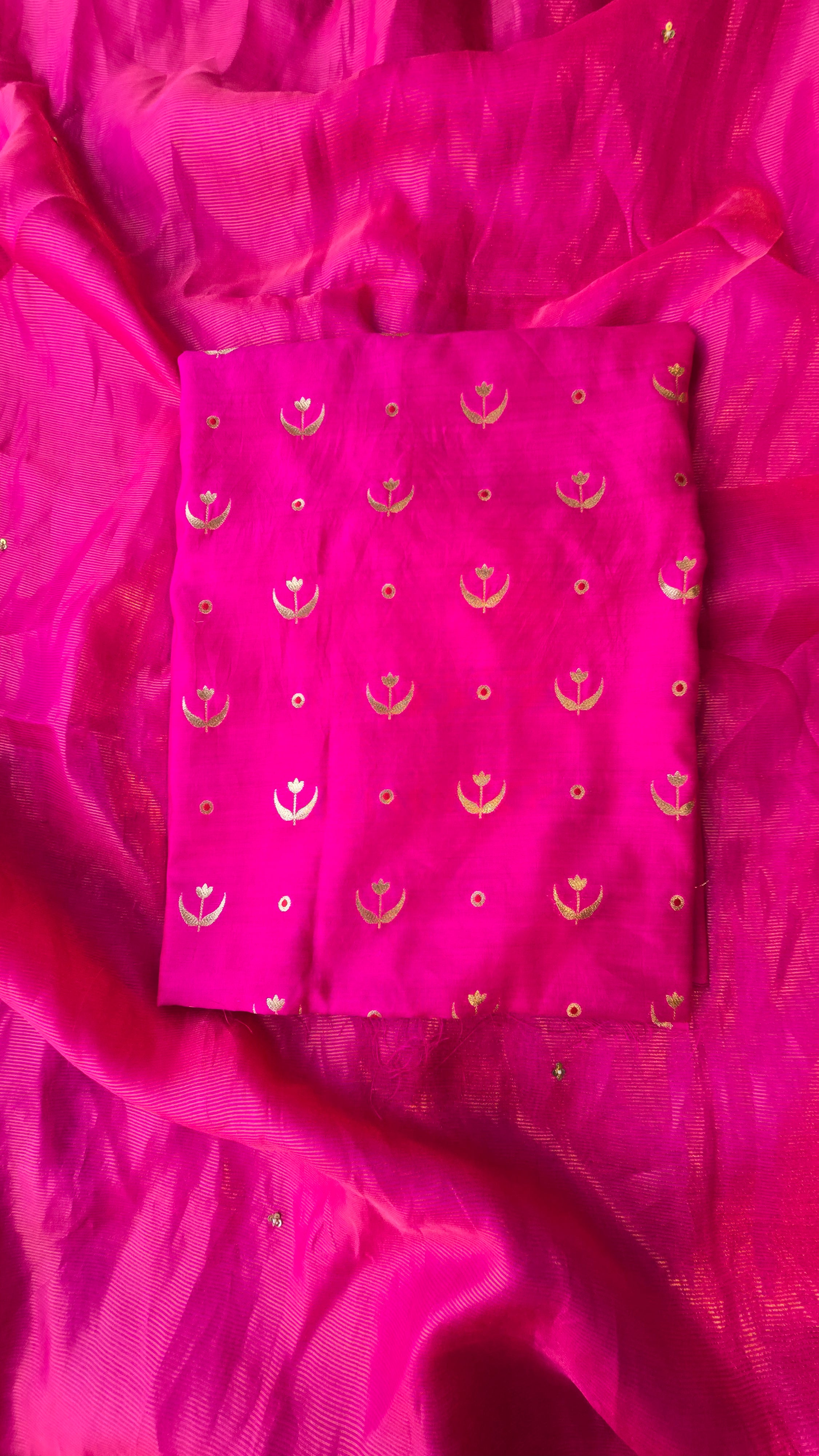 Fuschia pink pure chiniya silk 3pcs suit set