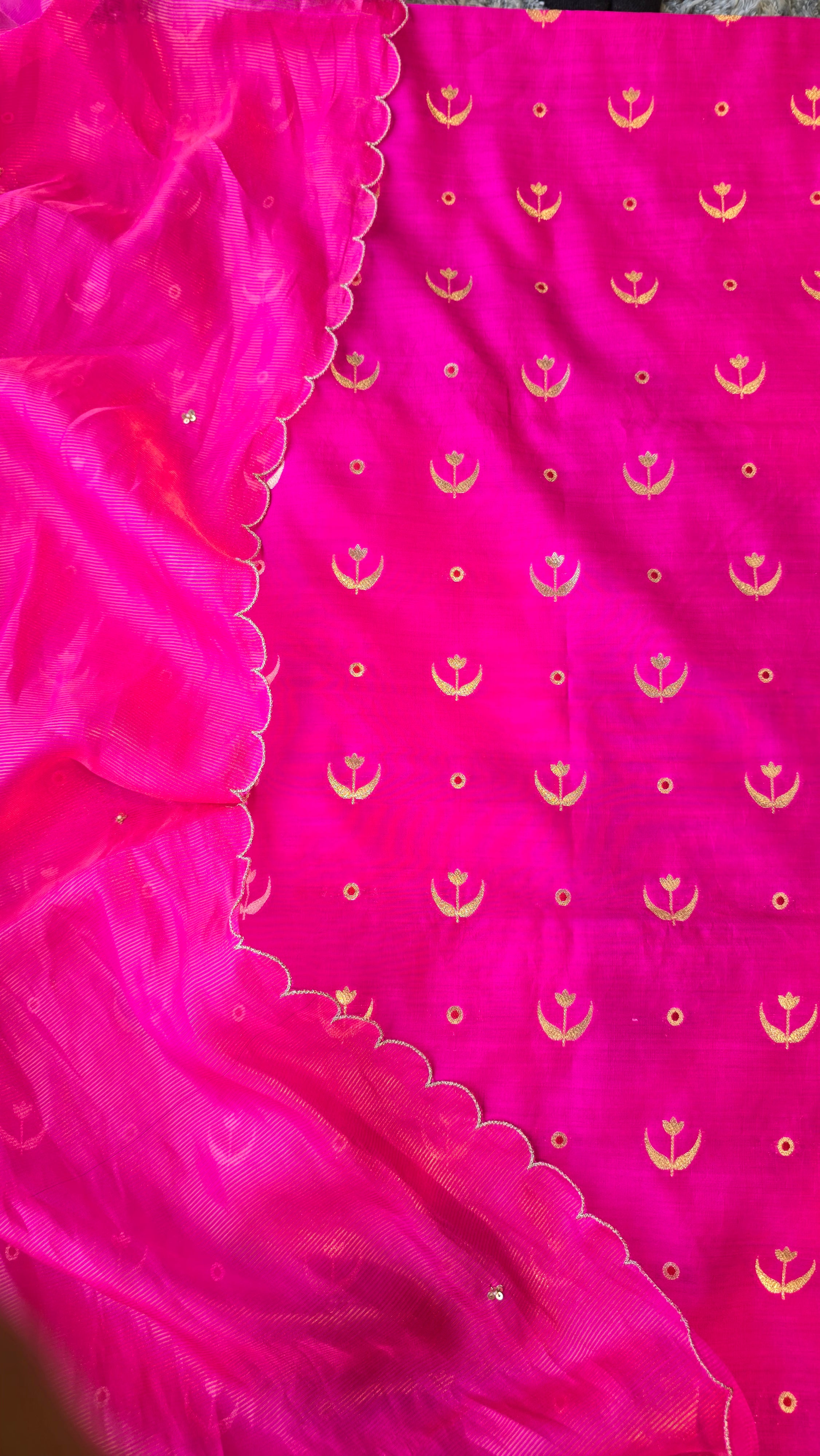 Fuschia pink pure chiniya silk 3pcs suit set
