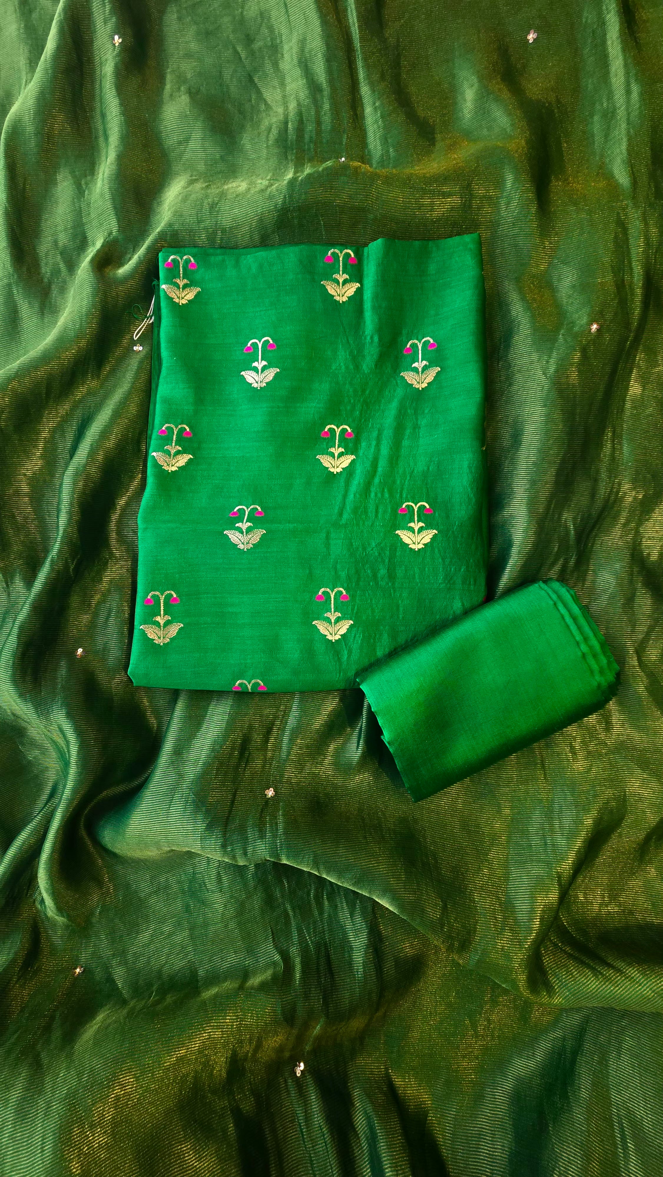 Green pure chiniya silk 3pcs suit set