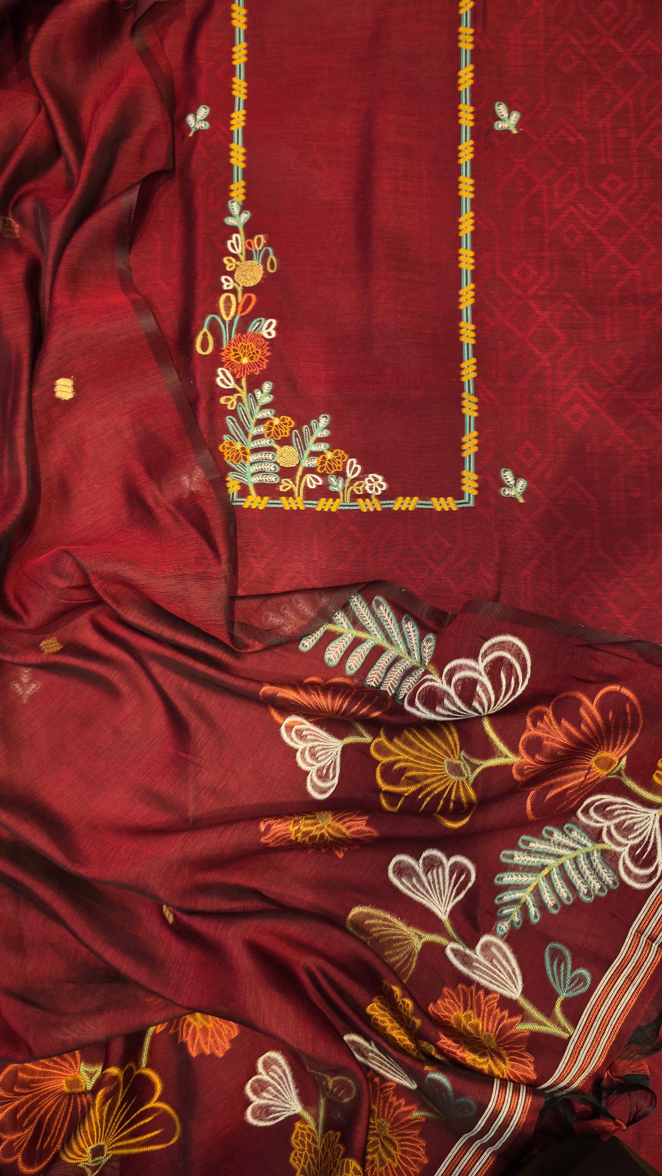 Maroon jaamdani 3pcs suit set