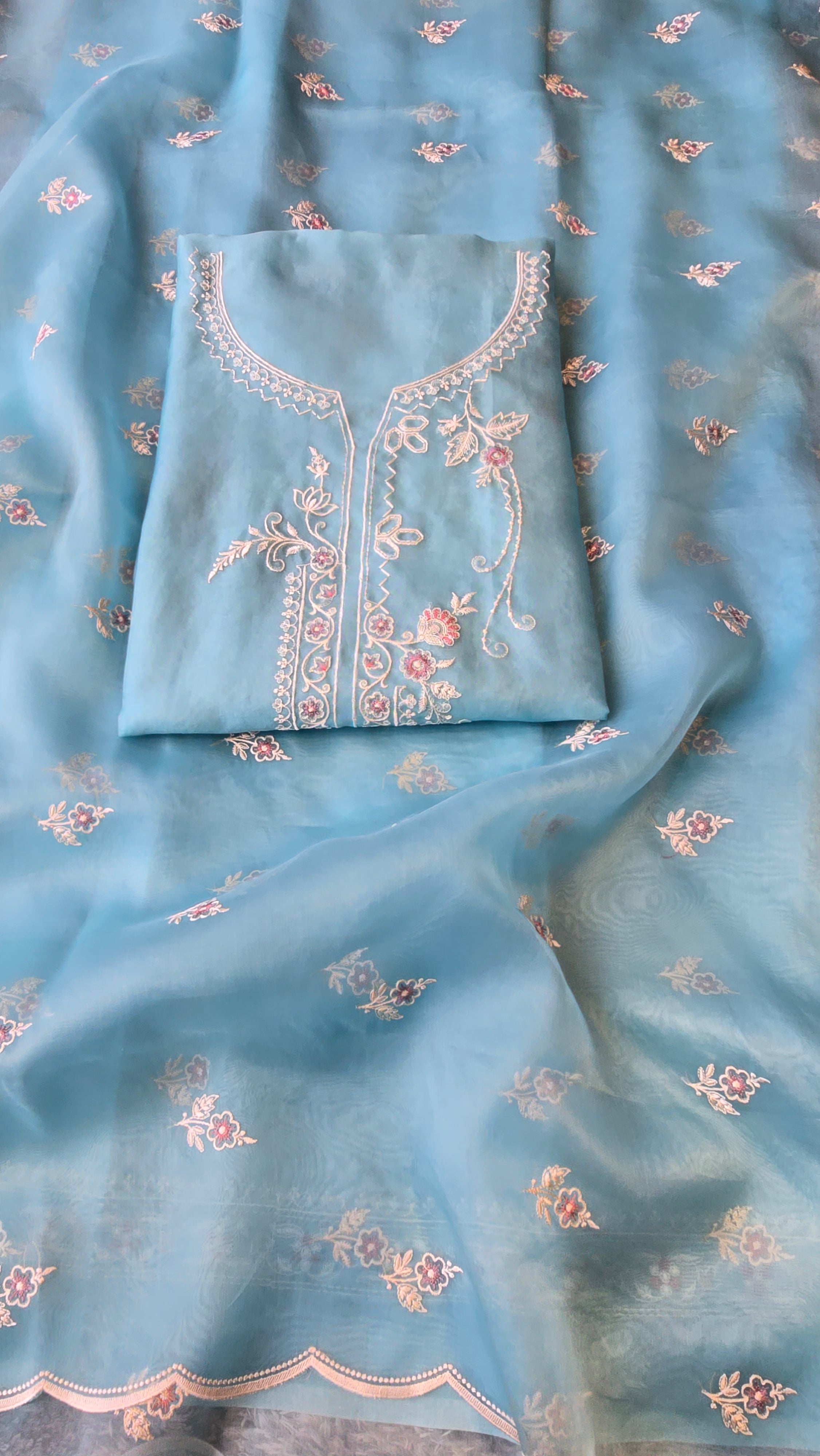 Light blue pure organza 3pcs suit set