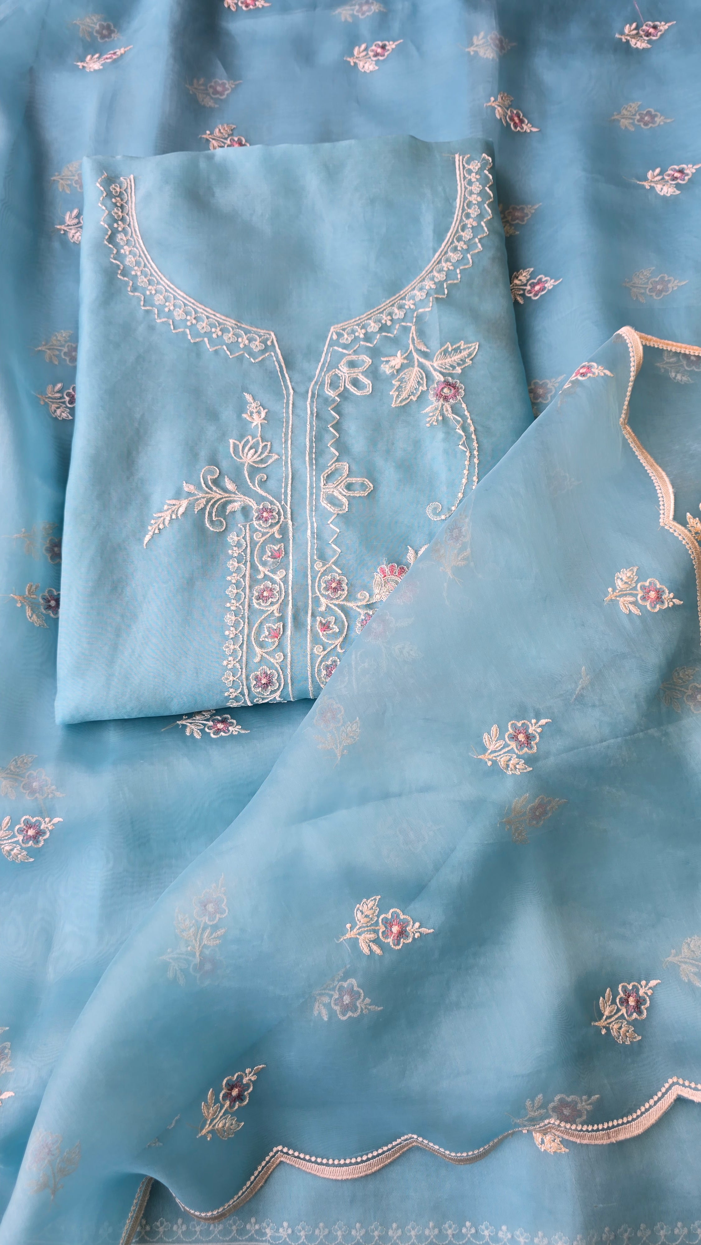Light blue pure organza 3pcs suit set
