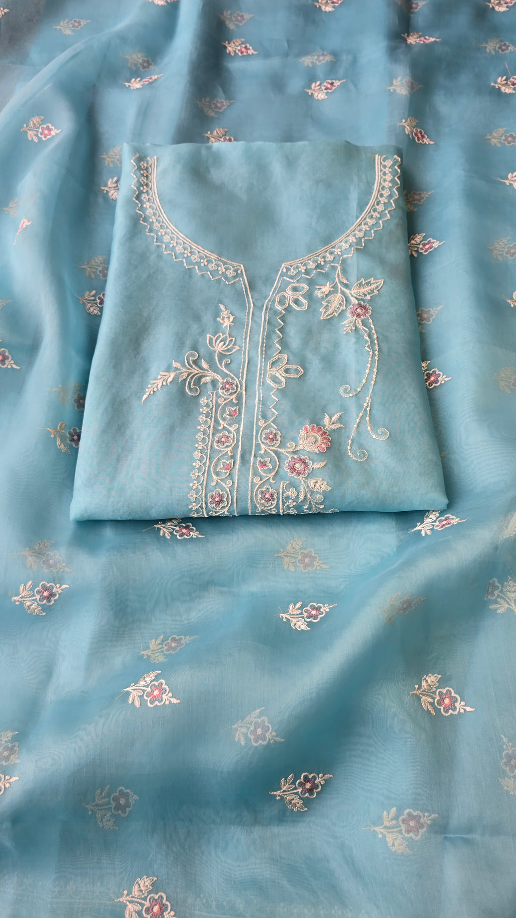 Light blue pure organza 3pcs suit set
