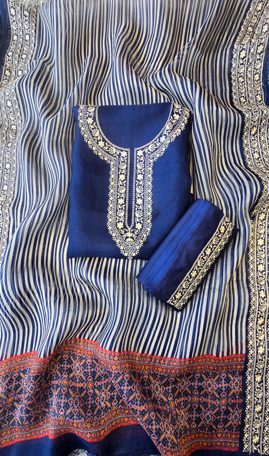 Blue pure silk organza 3pcs suit set