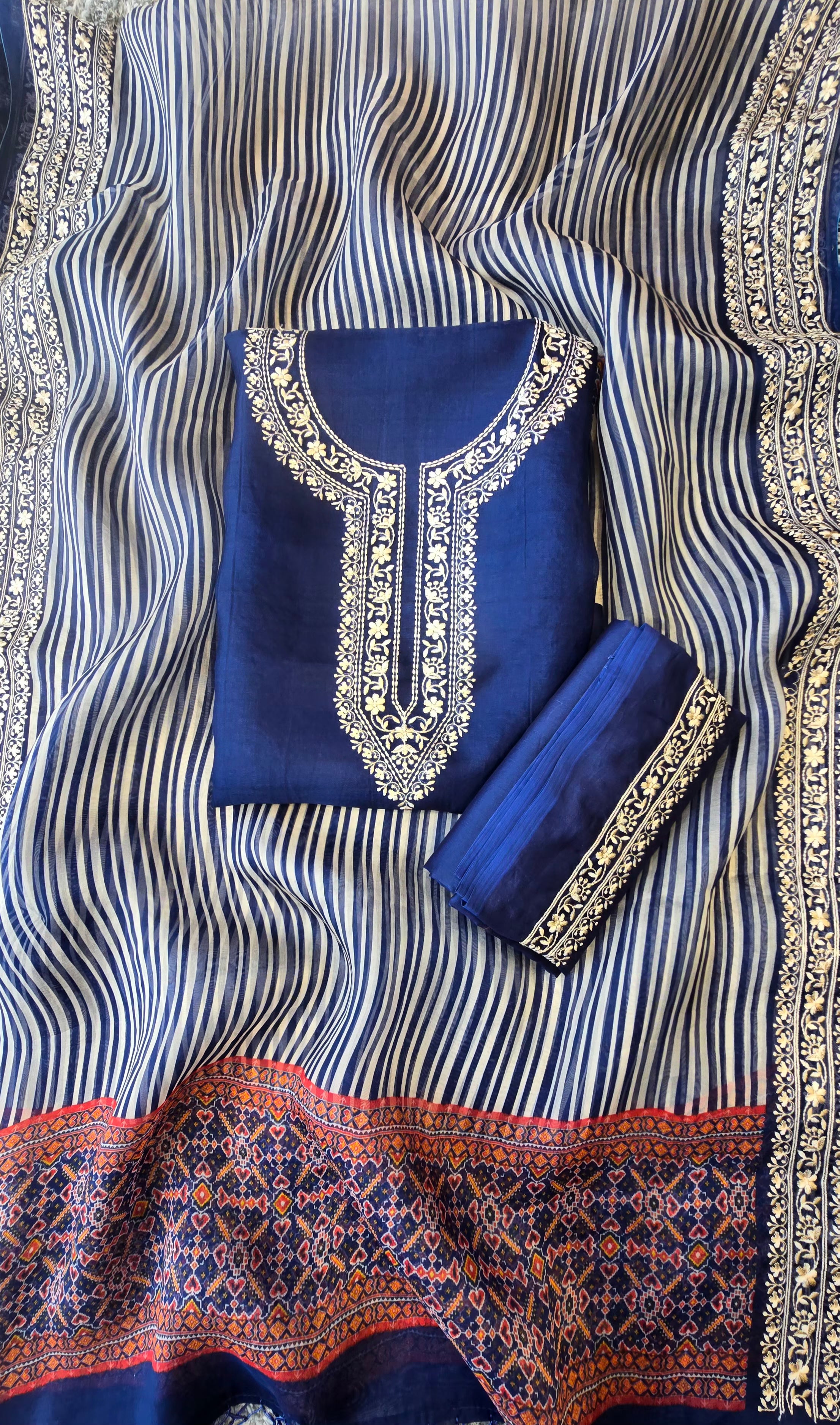Blue pure silk organza 3pcs suit set