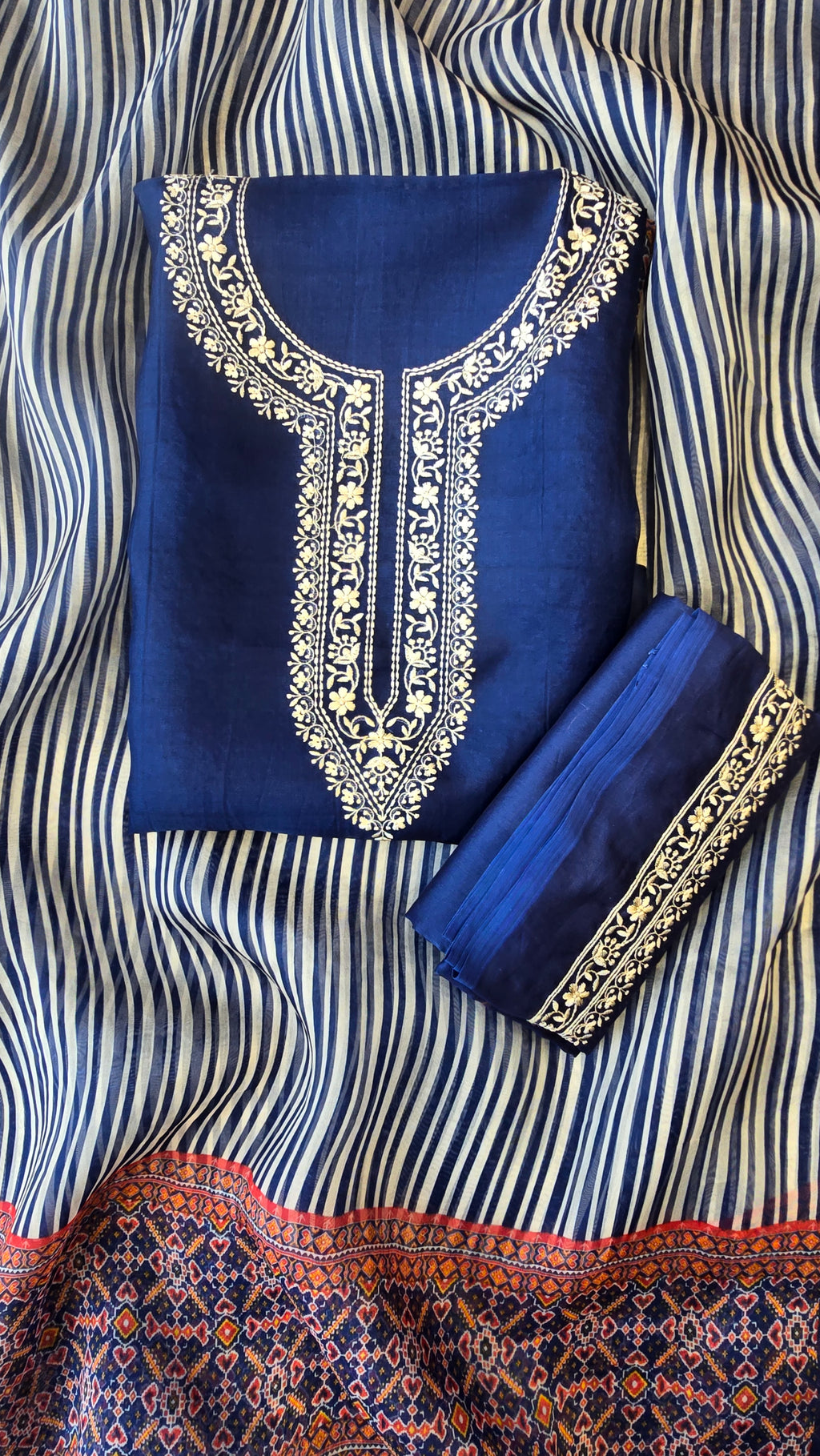 Blue pure silk organza 3pcs suit set
