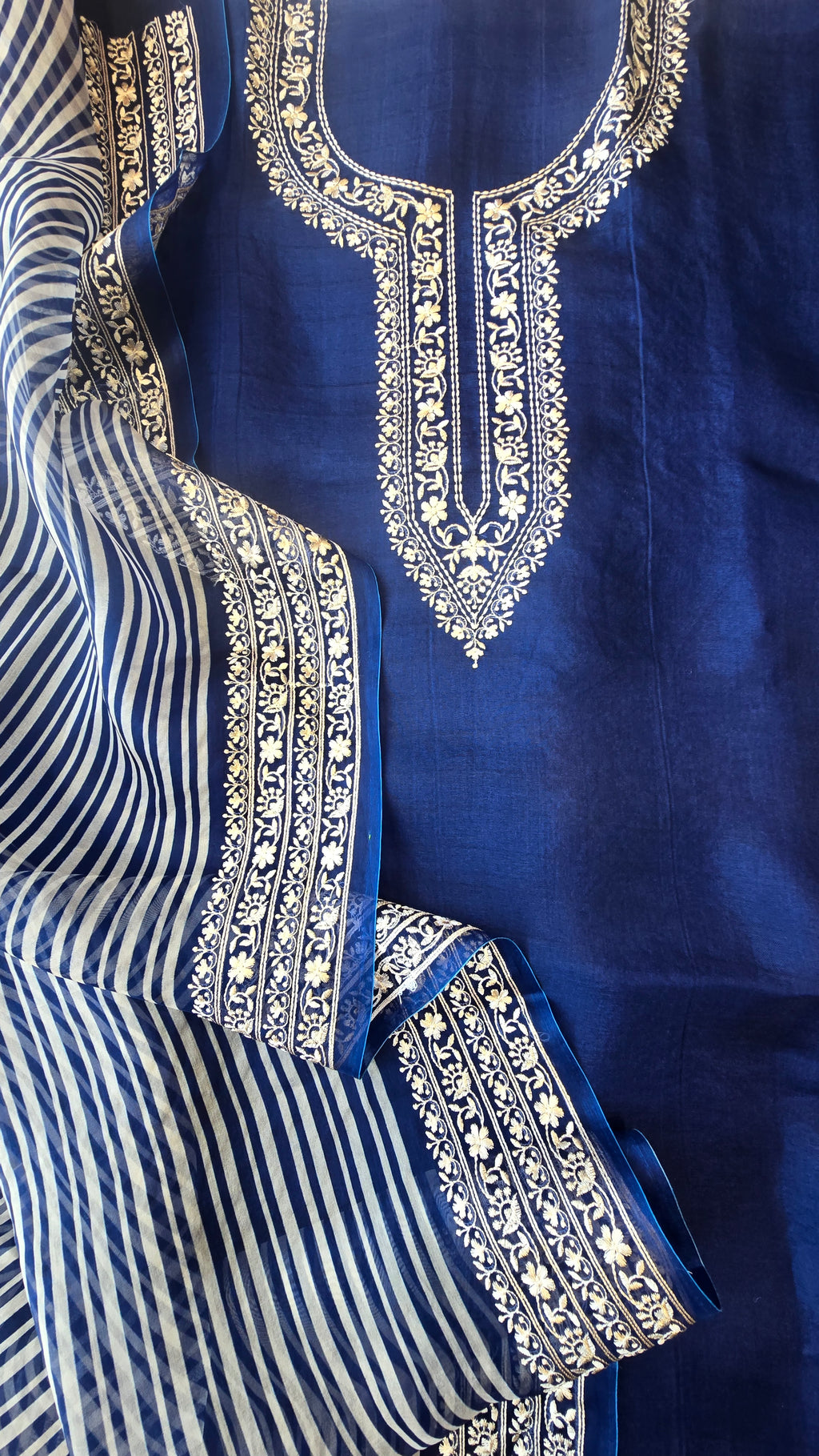 Blue pure silk organza 3pcs suit set