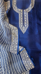 Blue pure silk organza 3pcs suit set