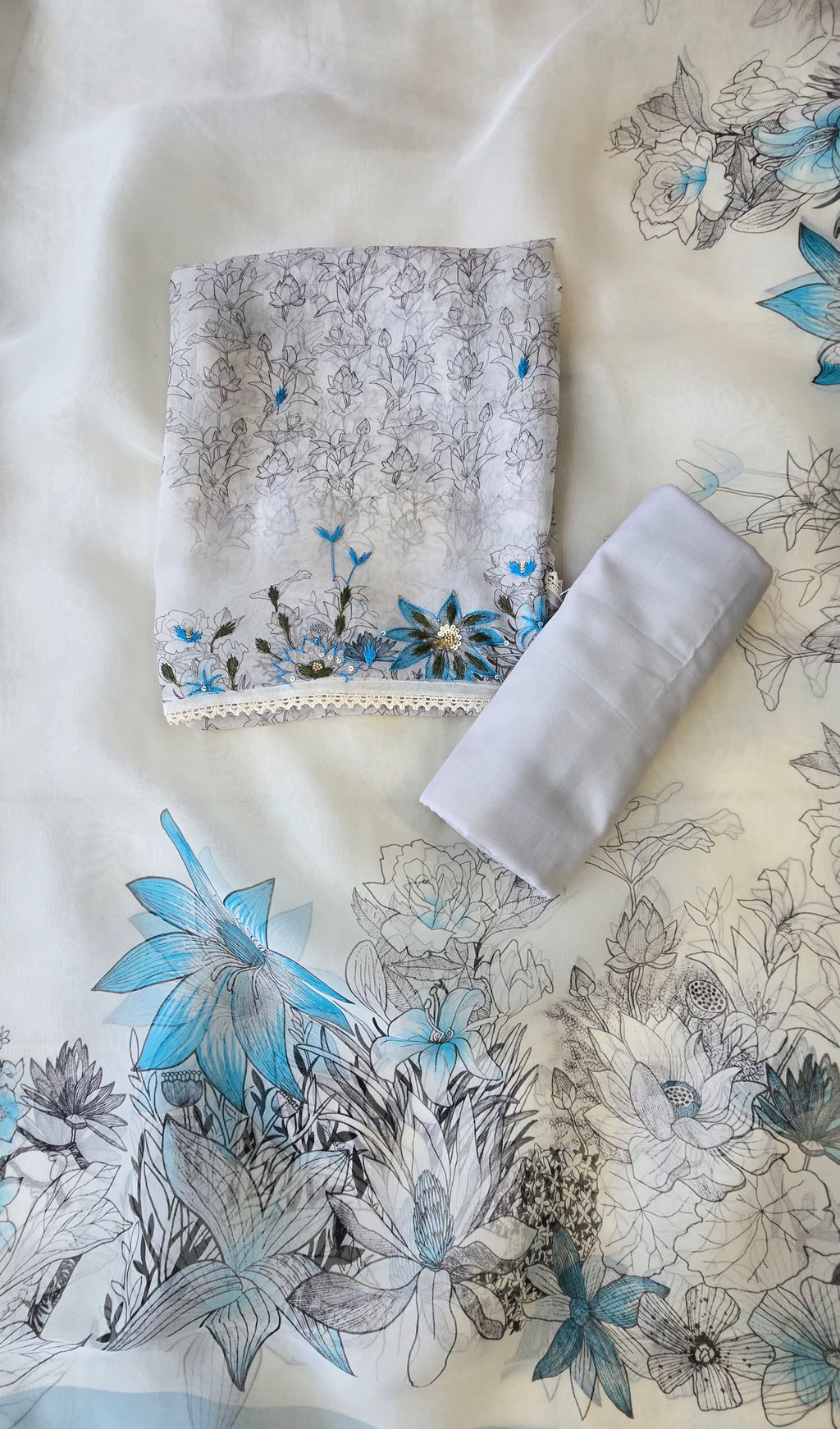 White and blue pure organza 3pcs suit set