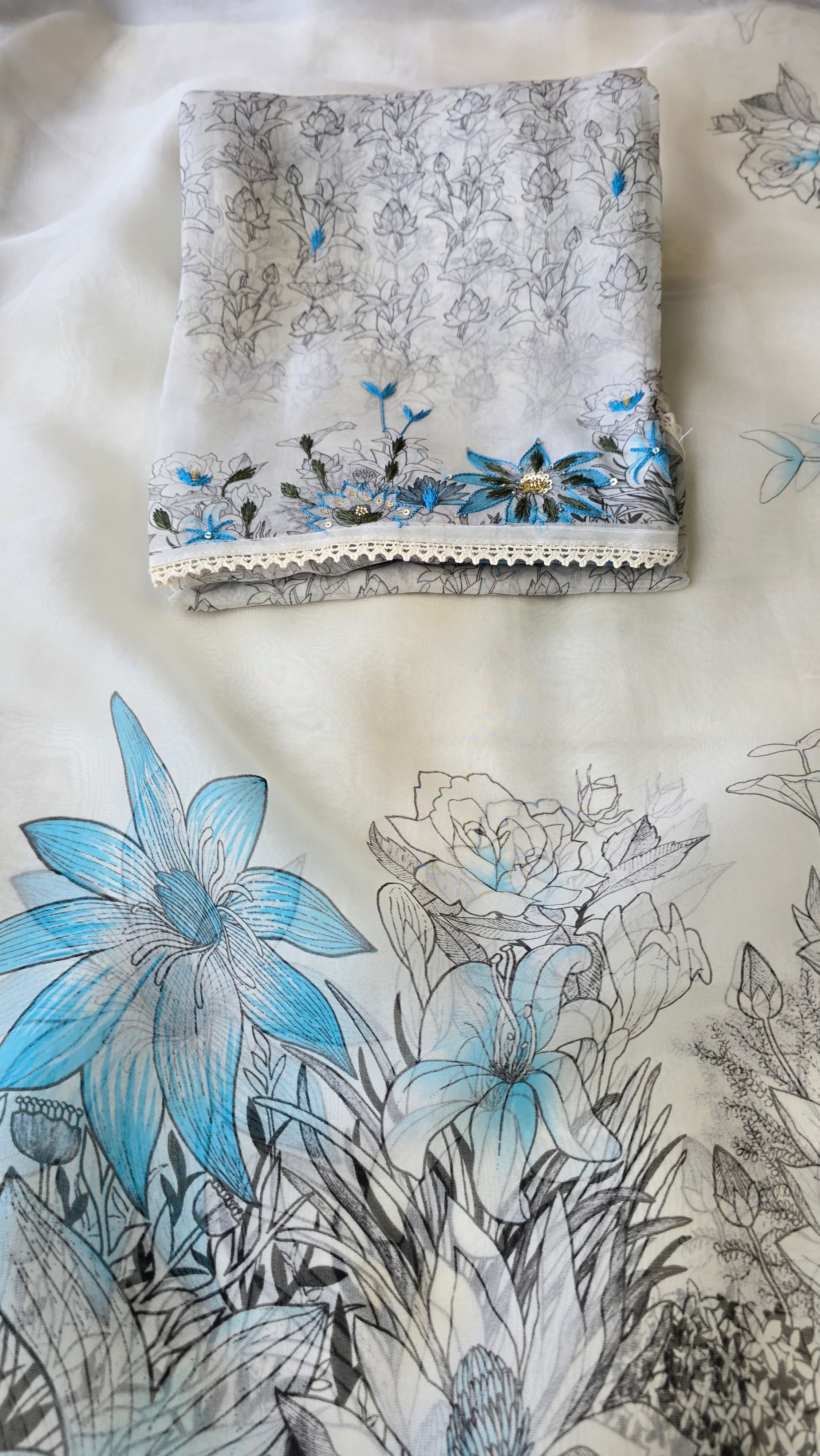 White and blue pure organza 3pcs suit set
