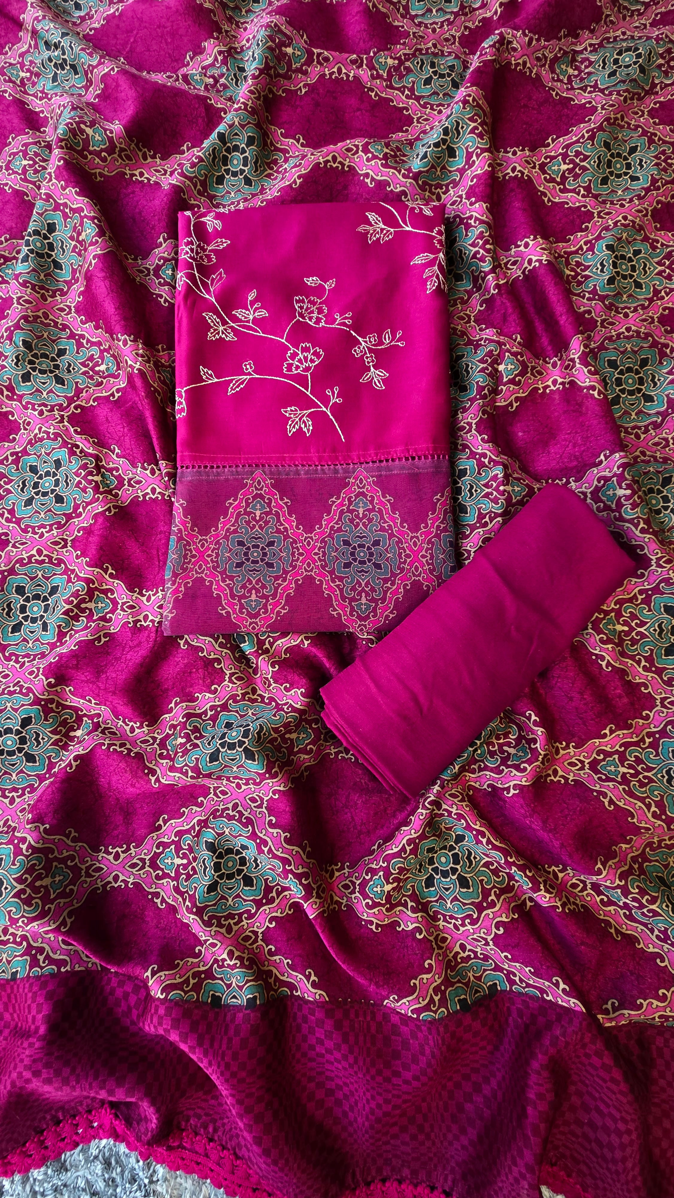 Wine chanderi silk 3pcs suit set