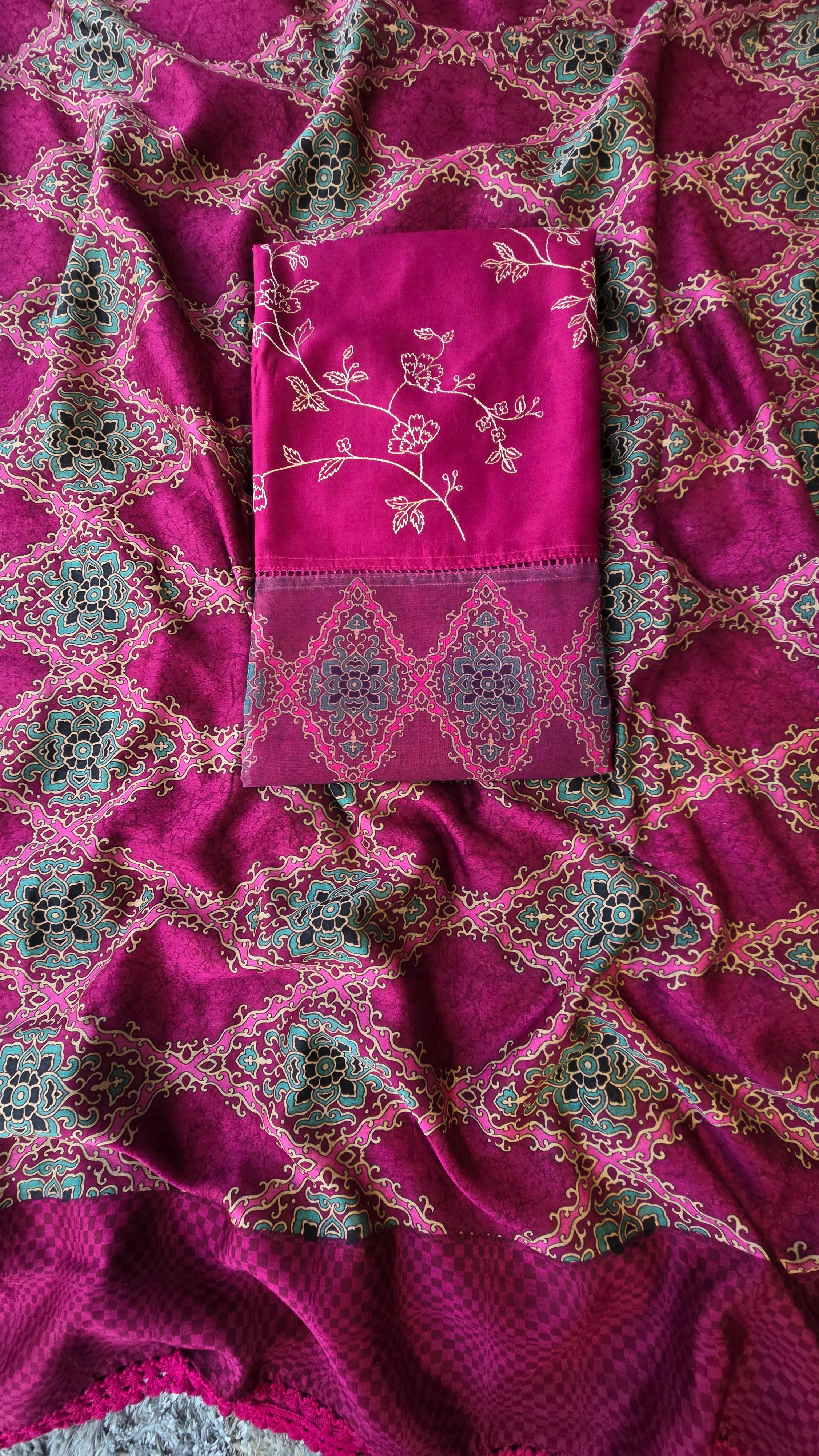 Wine chanderi silk 3pcs suit set