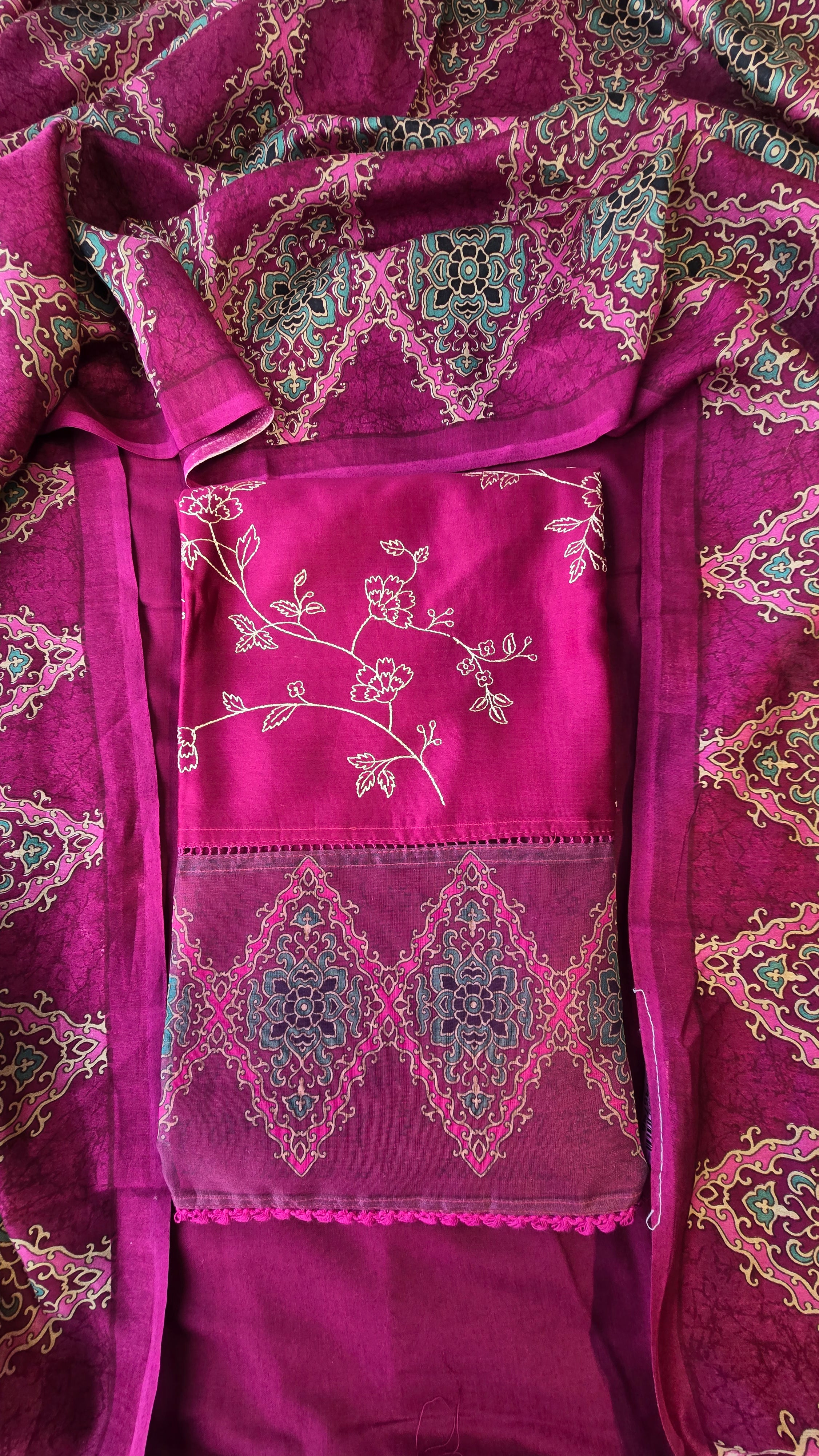 Wine chanderi silk 3pcs suit set