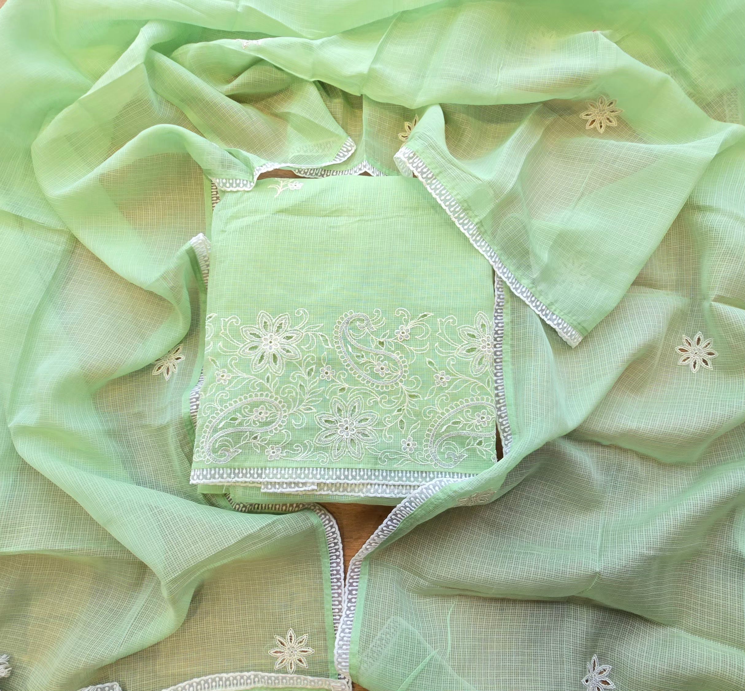 Light green kota doria 3pcs suit set