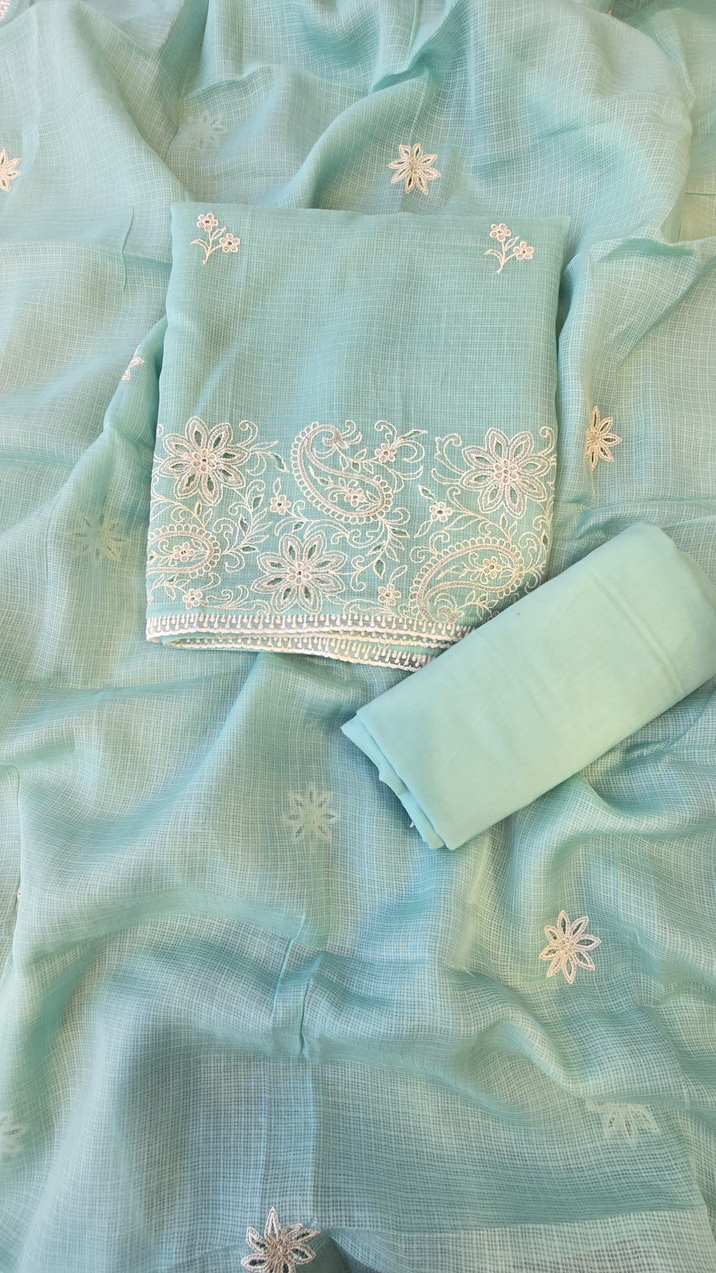 Light blue kota doria 3pcs suit set