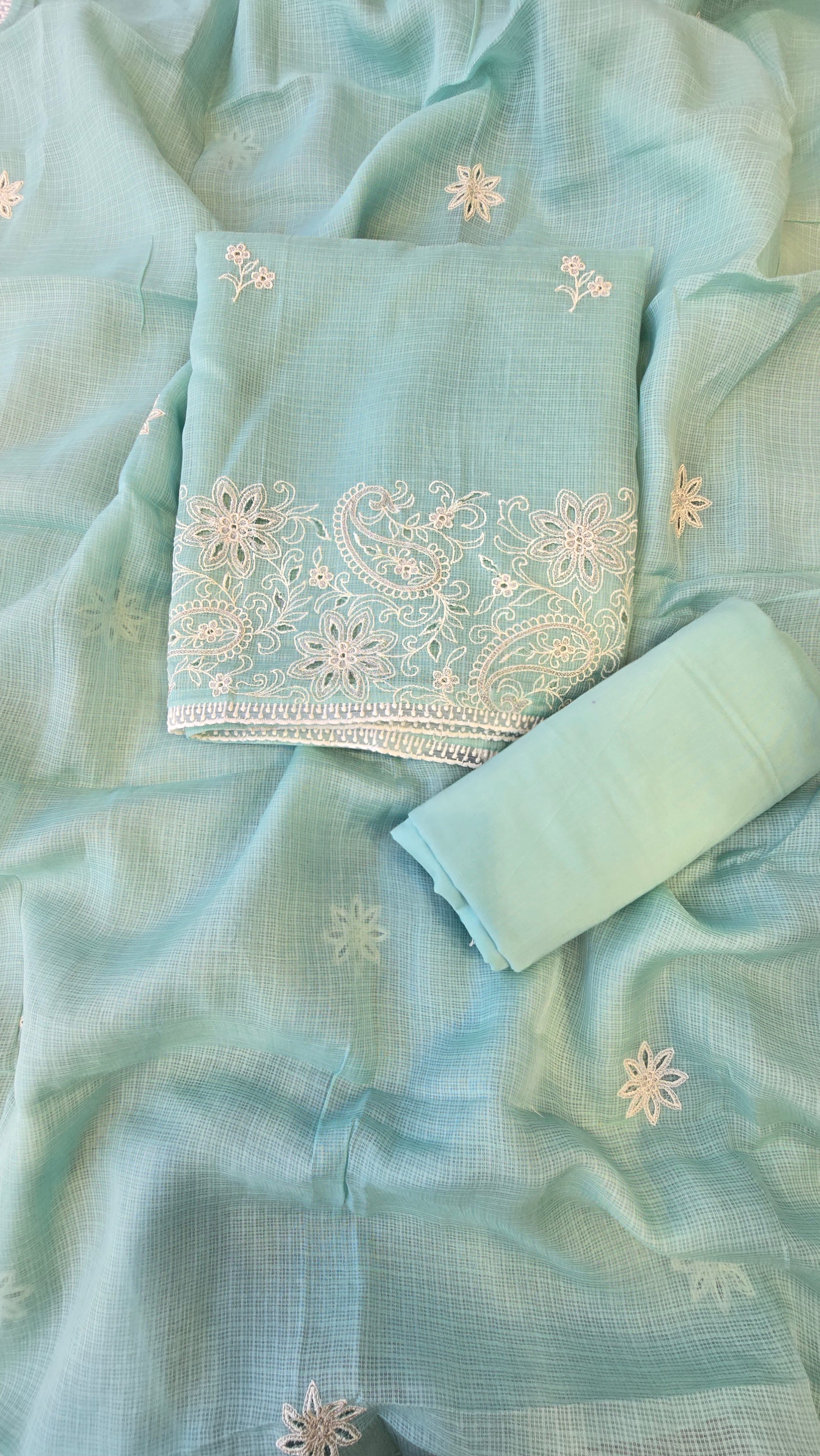 Light blue kota doria 3pcs suit set