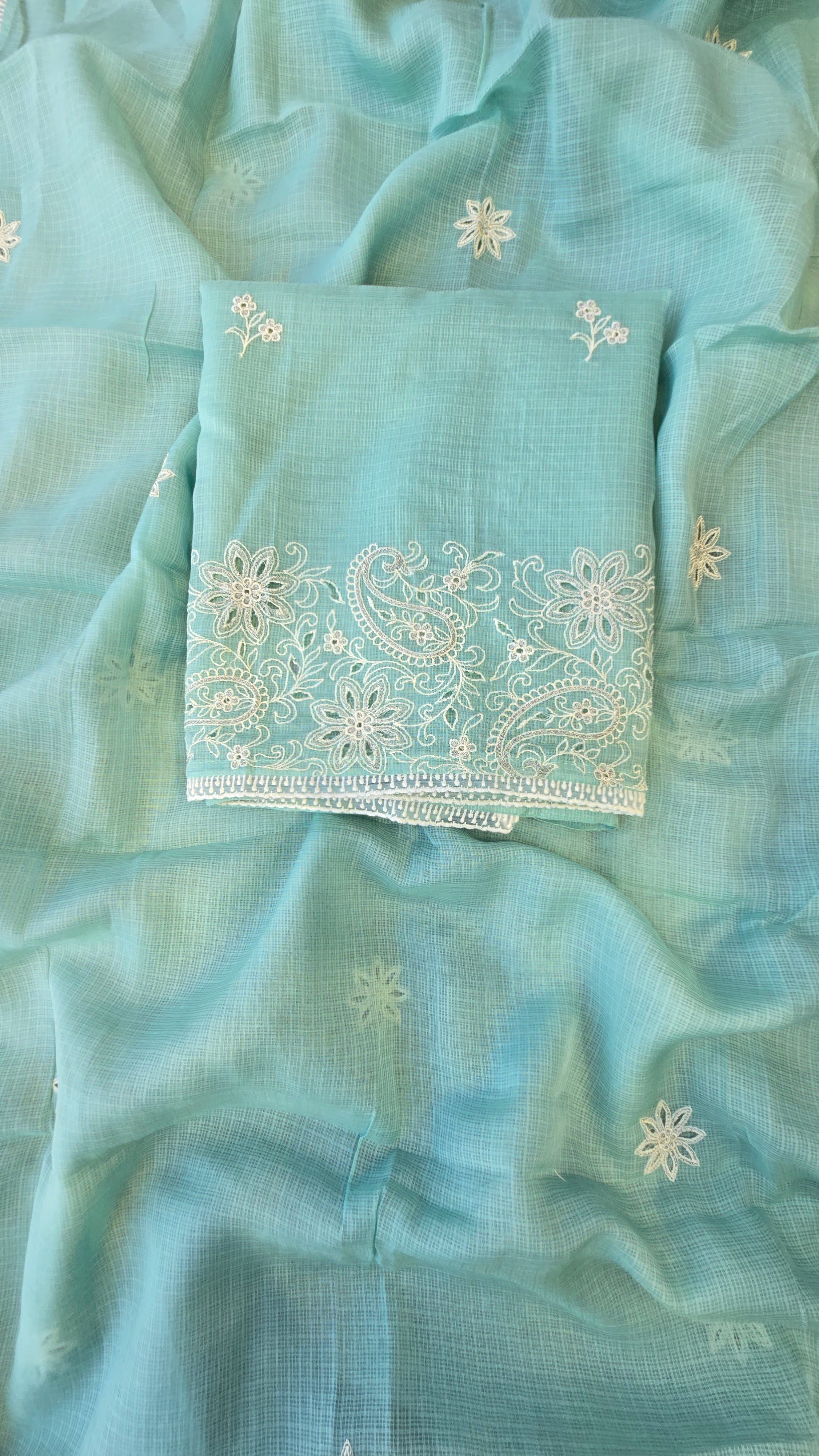 Light blue kota doria 3pcs suit set