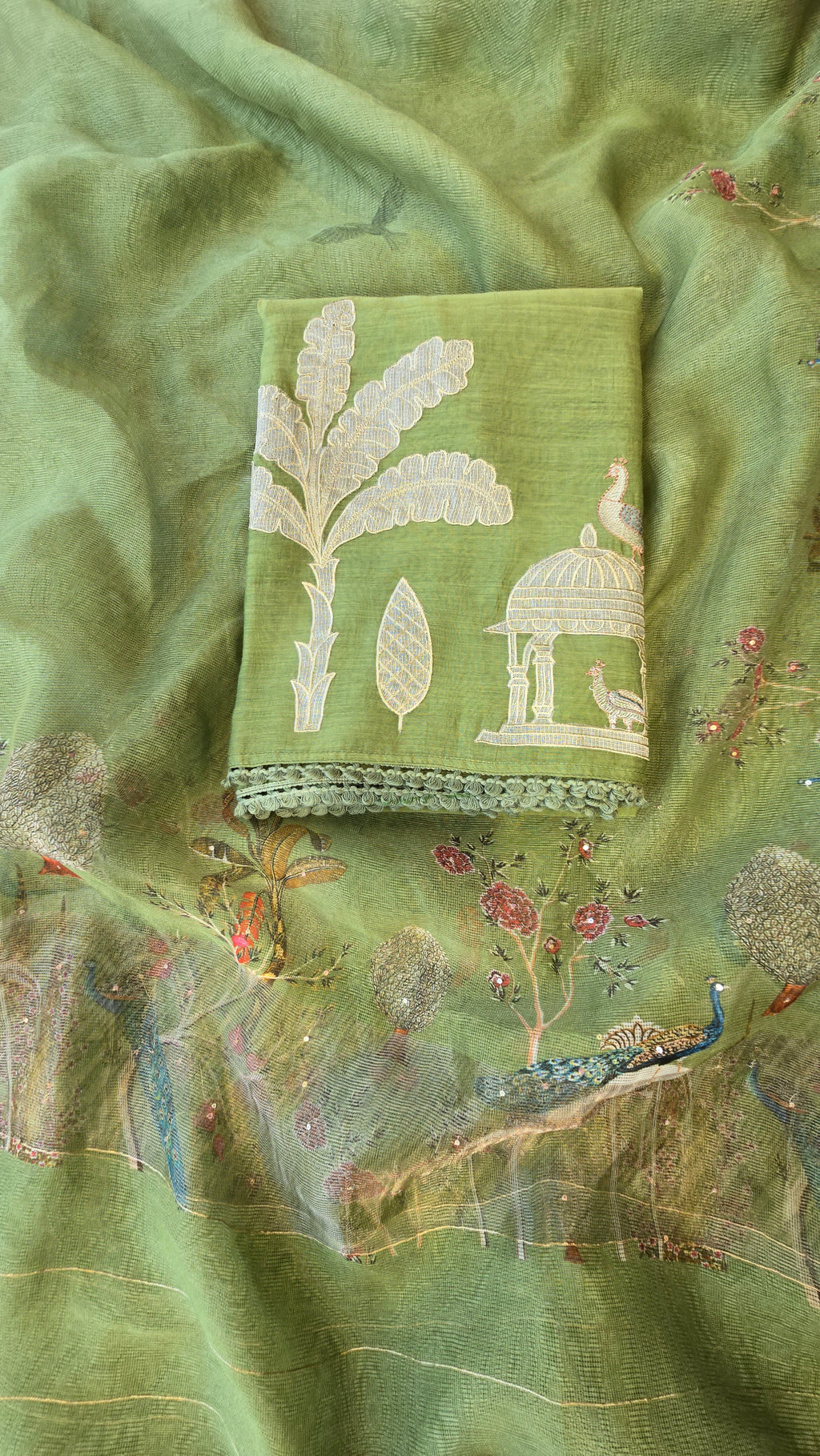 Leave green mul chanderi 3pcs suit set