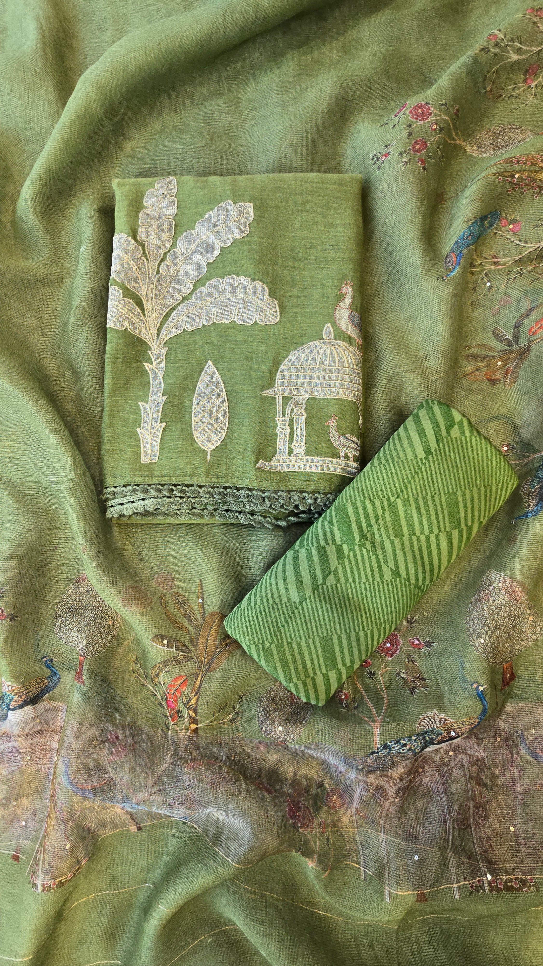 Leave green mul chanderi 3pcs suit set