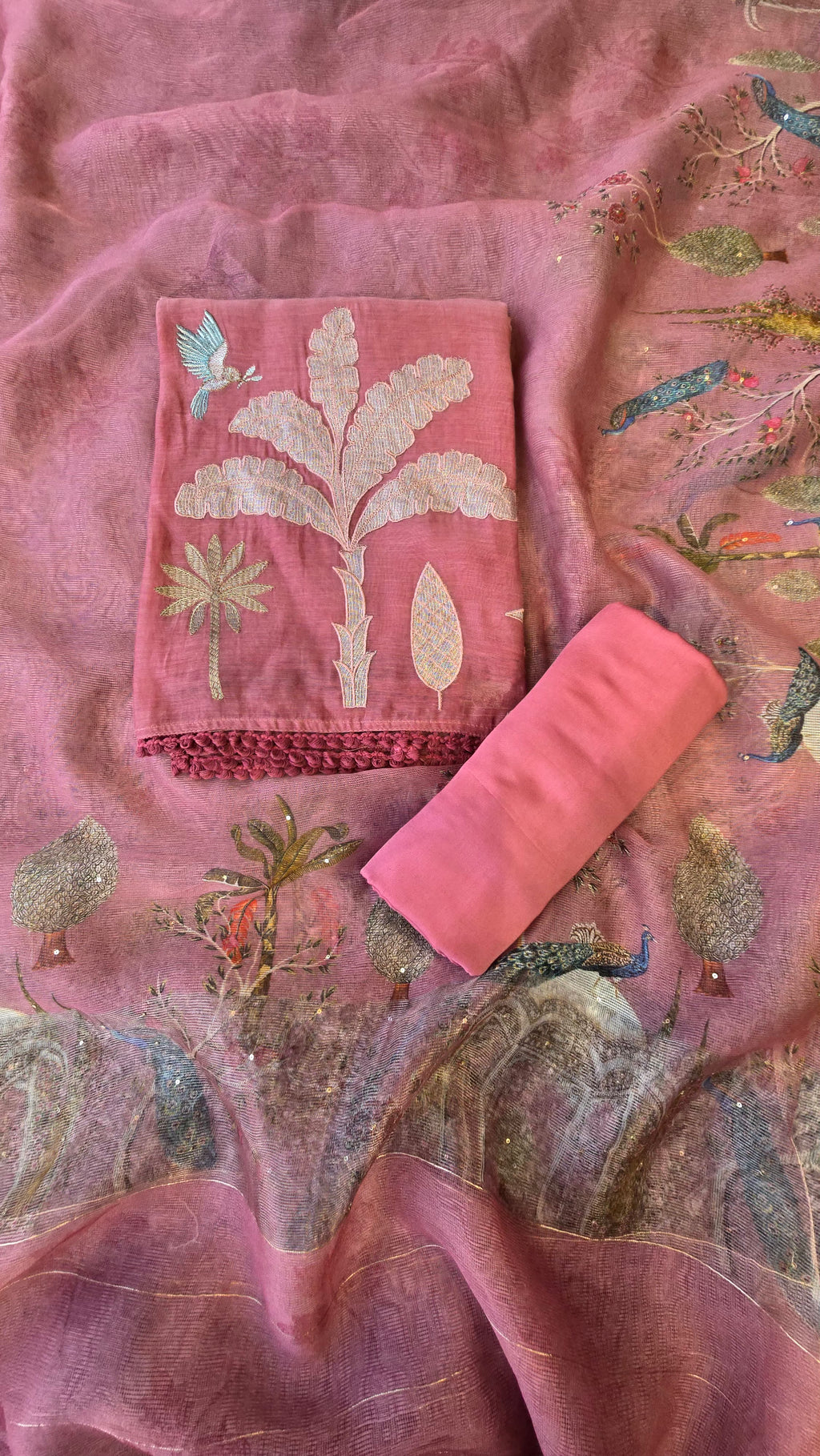 Onion pink mul chanderi 3pcs suit set