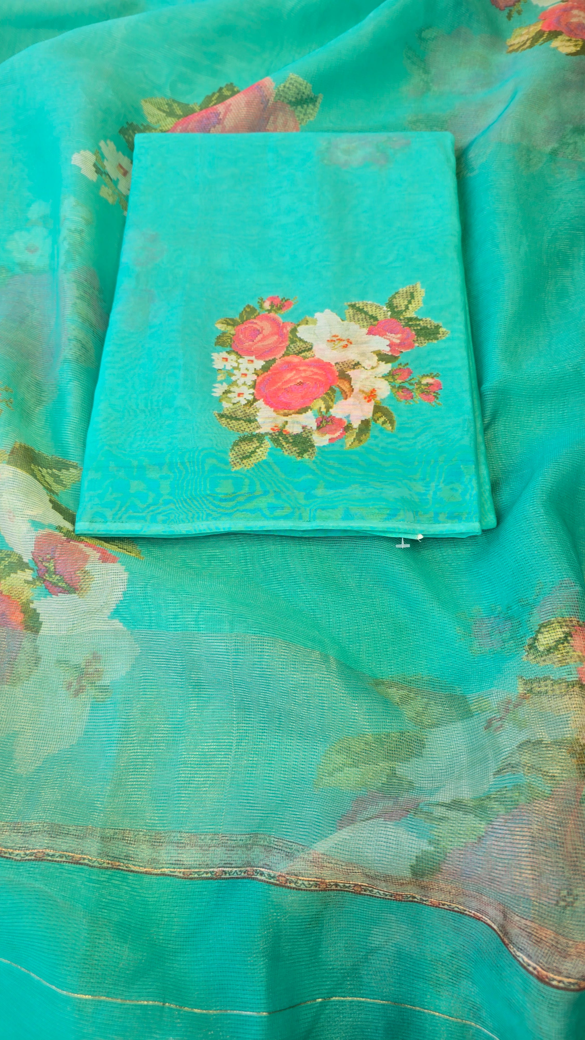 Seafoam green mul chanderi 3pcs suit set