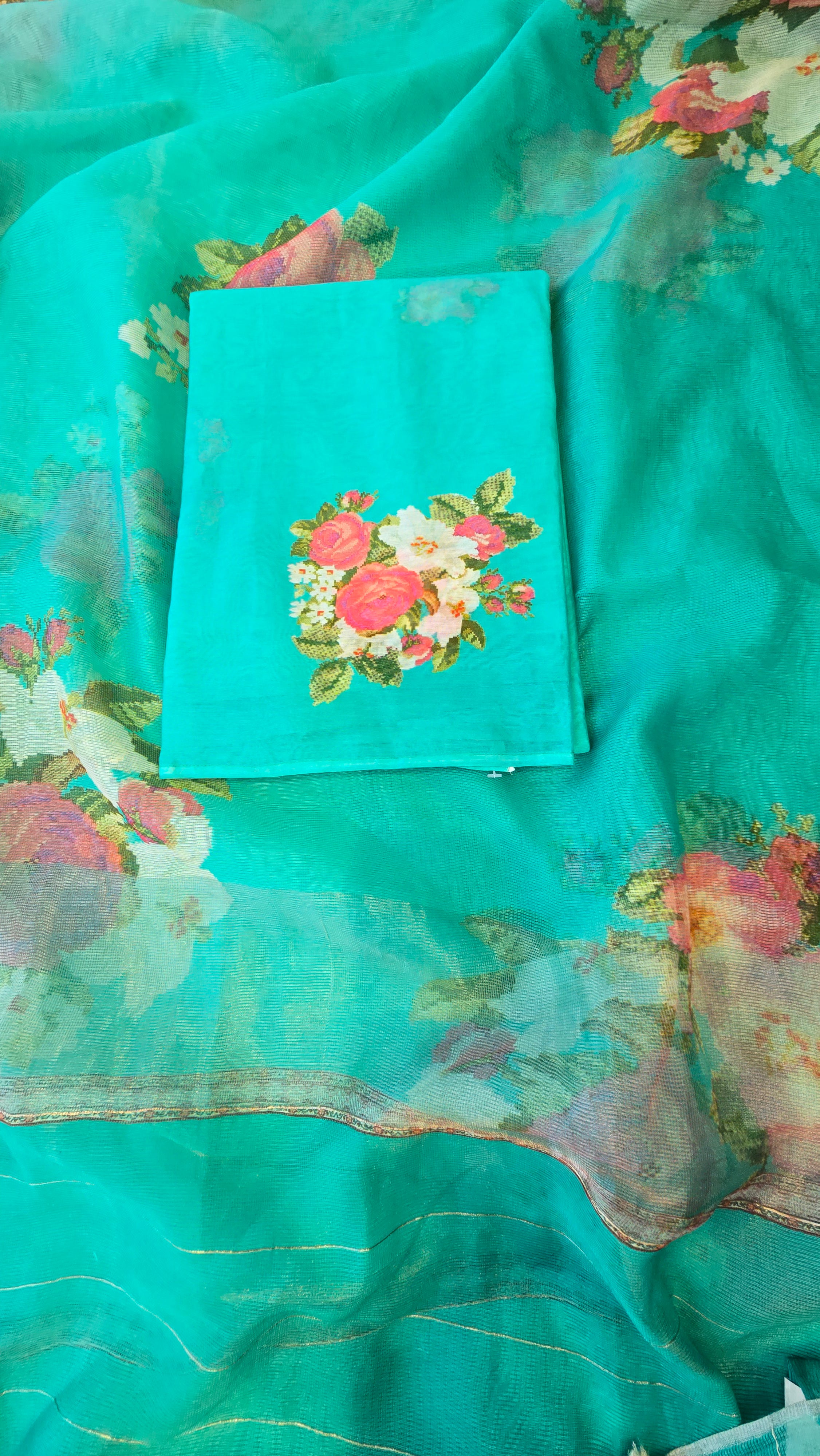 Seafoam green mul chanderi 3pcs suit set
