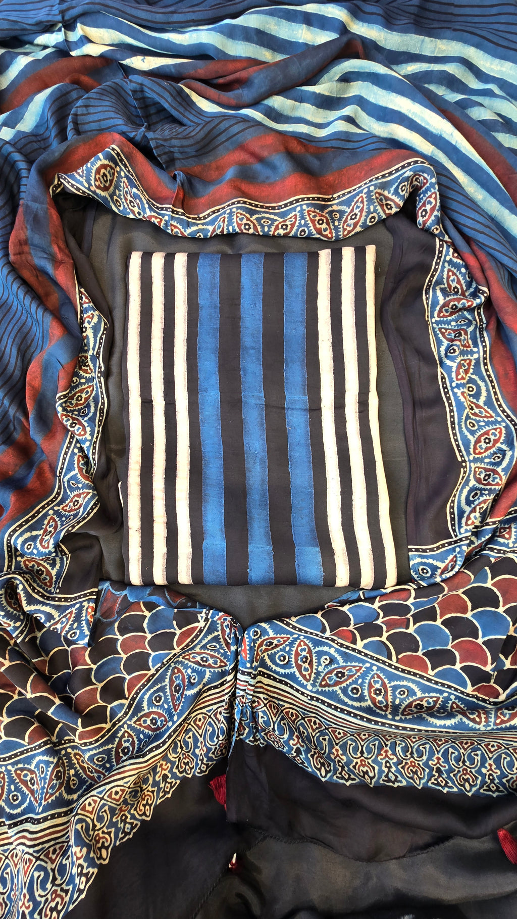Dark blue & black ajrakh stripes 3pc suit