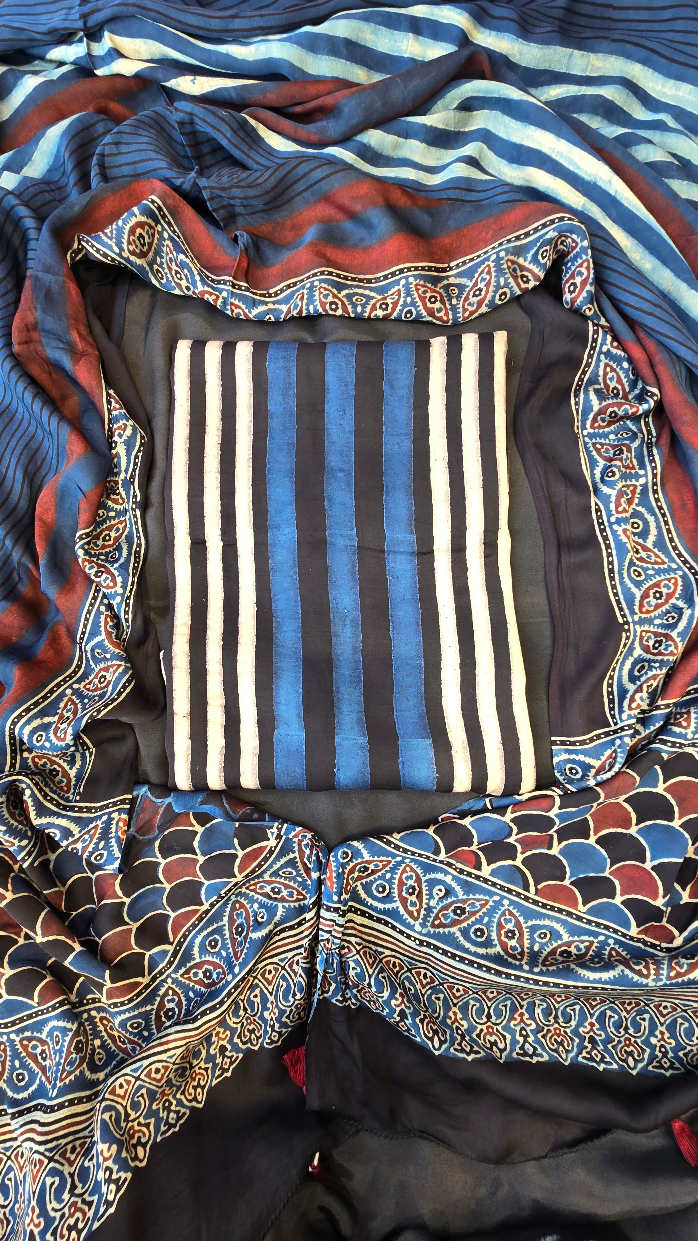 Dark blue & black ajrakh stripes 3pc suit