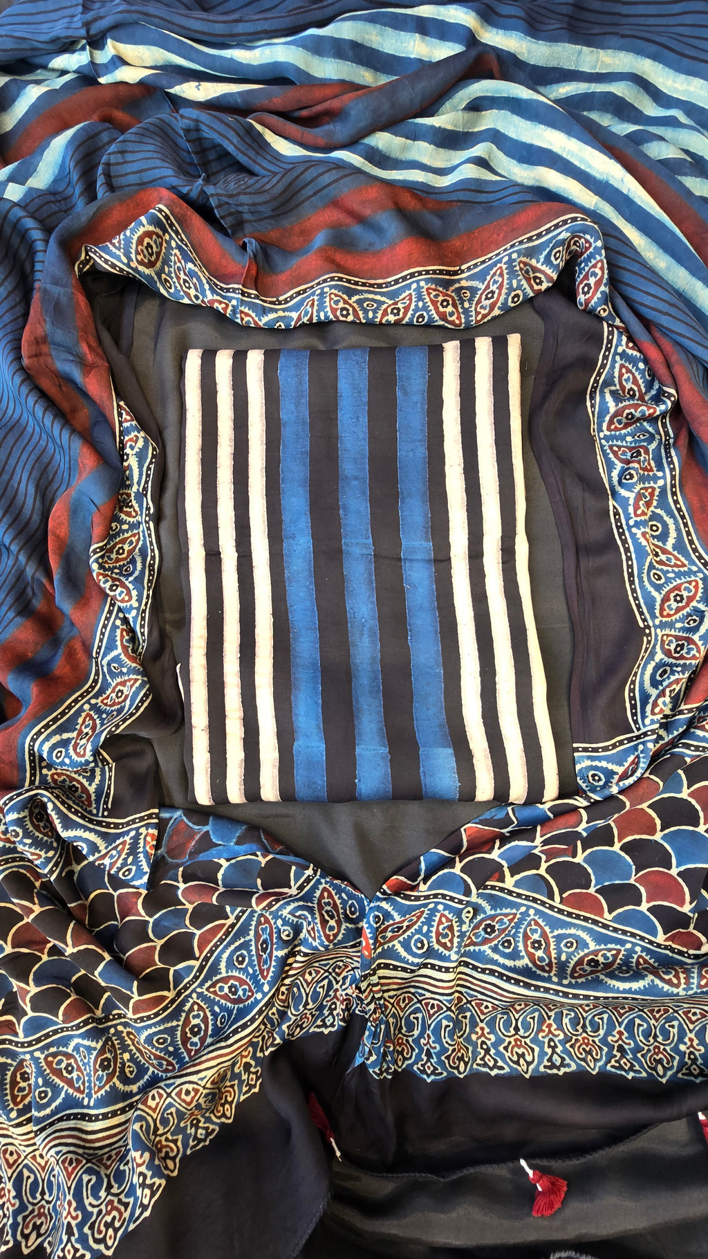 Dark blue & black ajrakh stripes 3pc suit