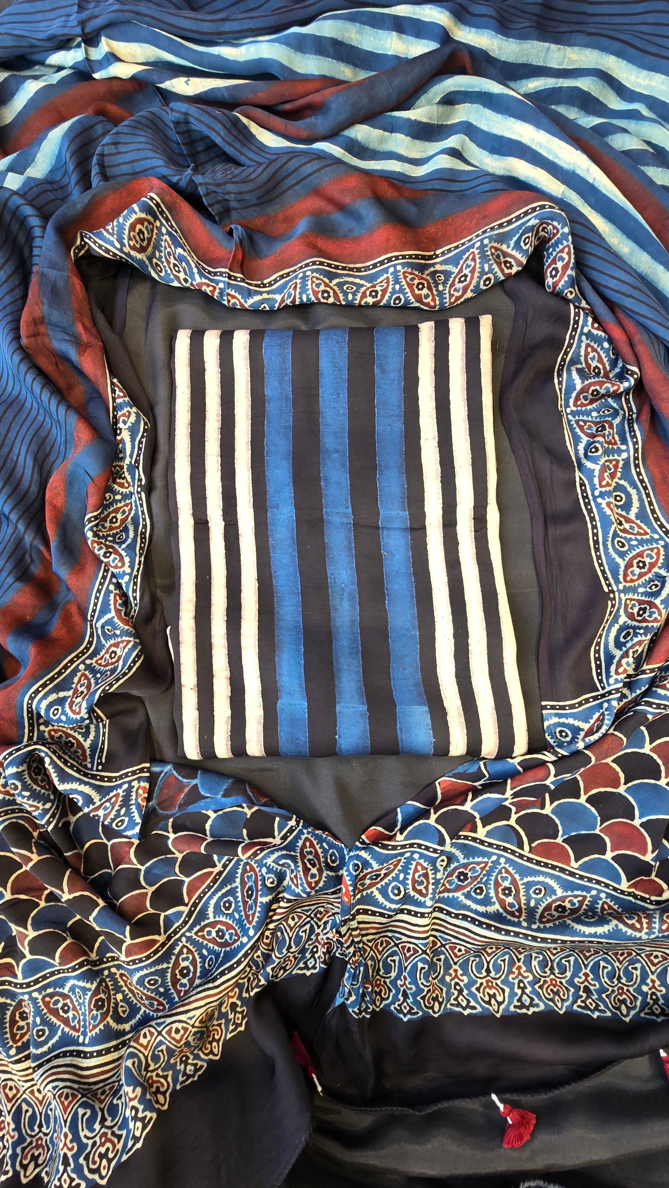Dark blue & black ajrakh stripes 3pc suit