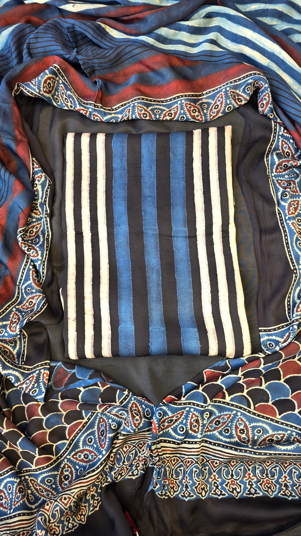 Dark blue & black ajrakh stripes 3pc suit