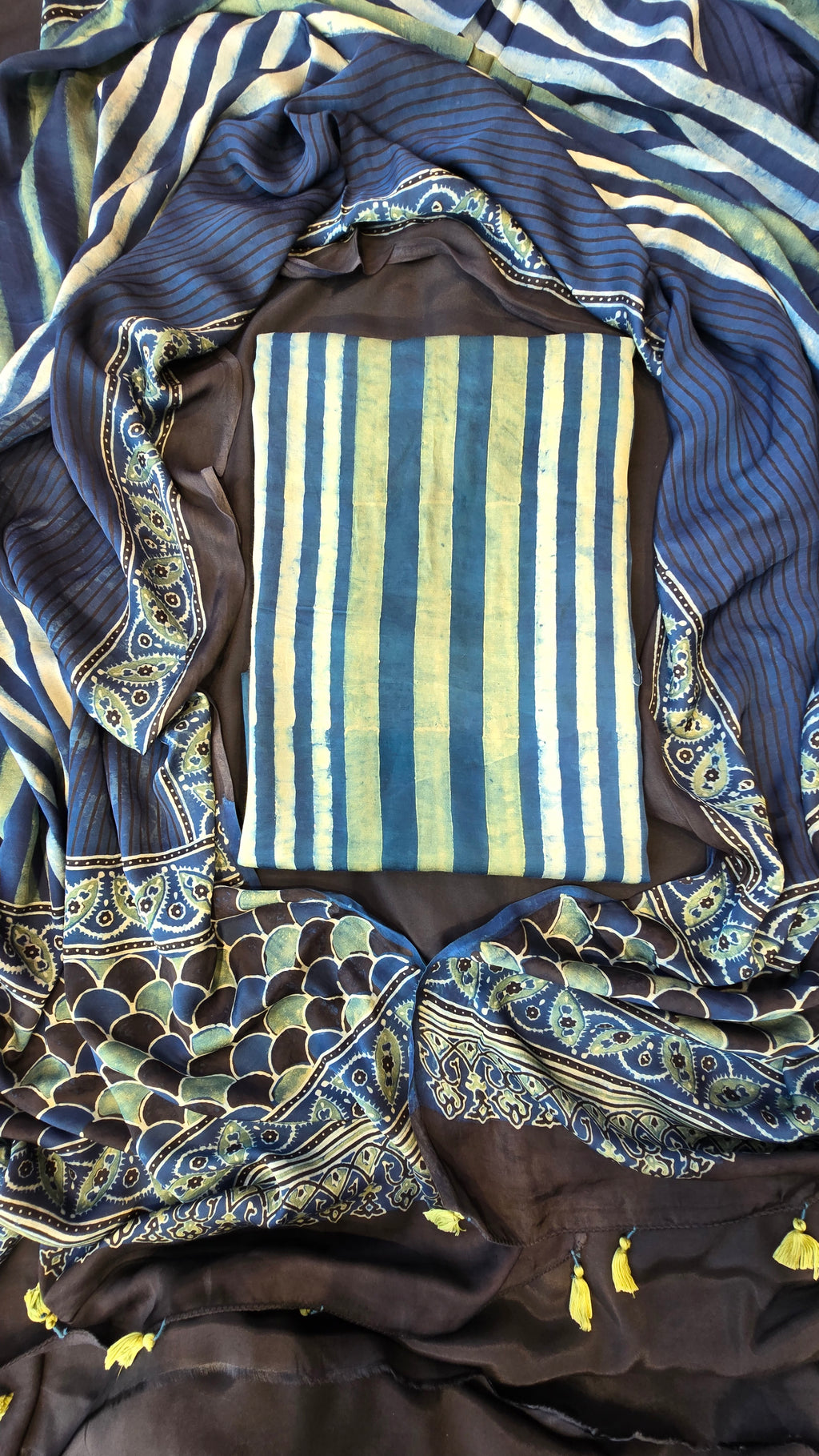 Light blue & black ajrakh stripes 3pc suit